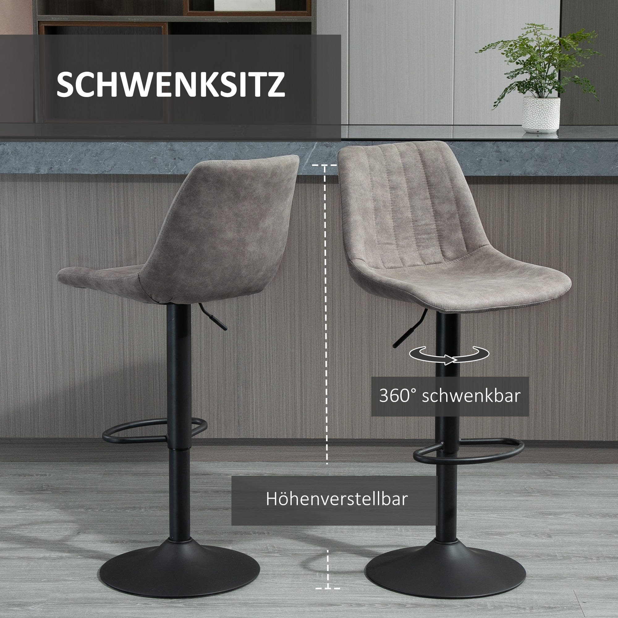 2er-Set Barhocker im Retrodesign, inkl. Fußstütze, höhenverstellbar, Gaslift, Grau + Schwarz