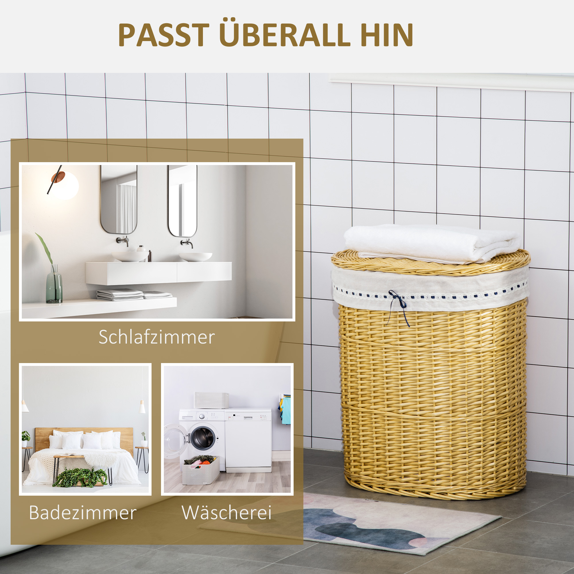 Wäschekorb aus Weide mit Deckel Wäschesammler mit Griff, herausnehmbarer Wäschesack, Laundry Baskets Wäschebox für Badezimmer Waschküche Schlafzimmer Natur