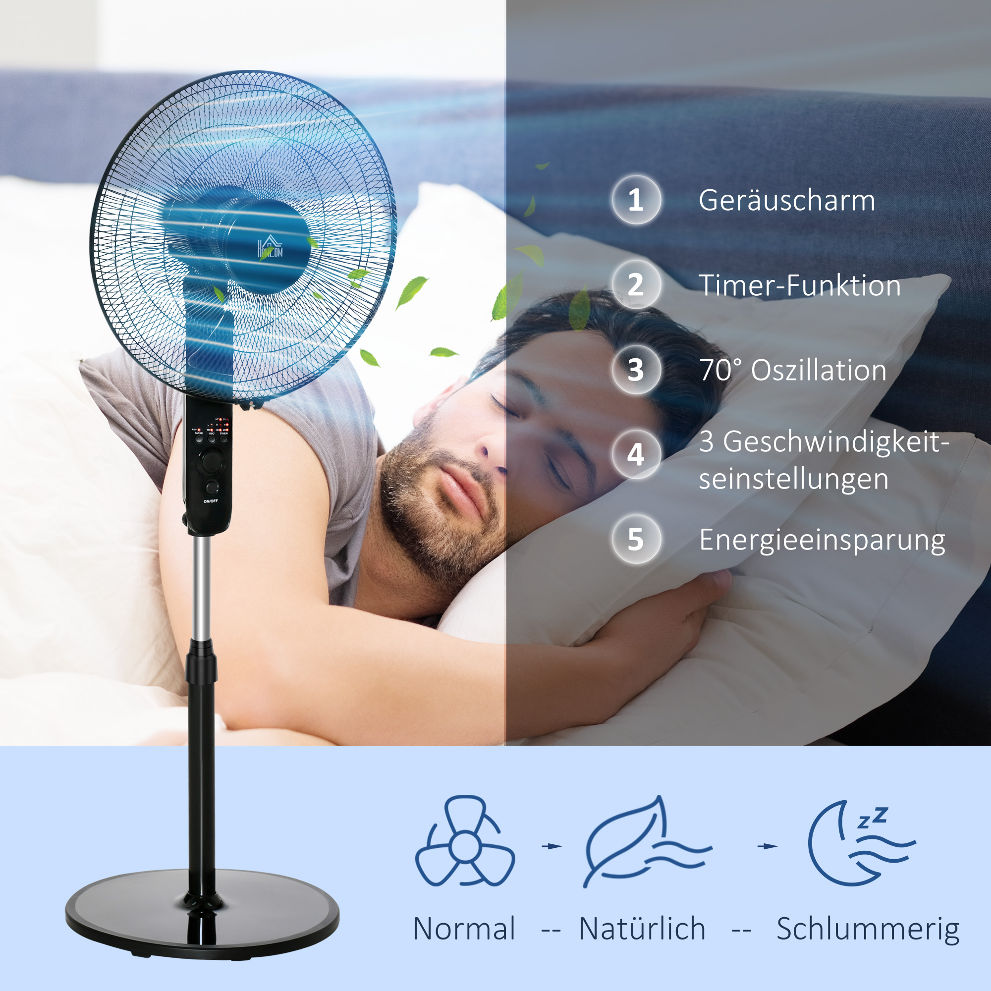 Standventilator mit Fernbedienung, Ventilator, Höhenverstellbarer Lüfter, 3 Geschwindigkeitsstufen, Verstellbarer Neigungswinkel, Metall, Schwarz, Ø44,5 x H110-124 cm