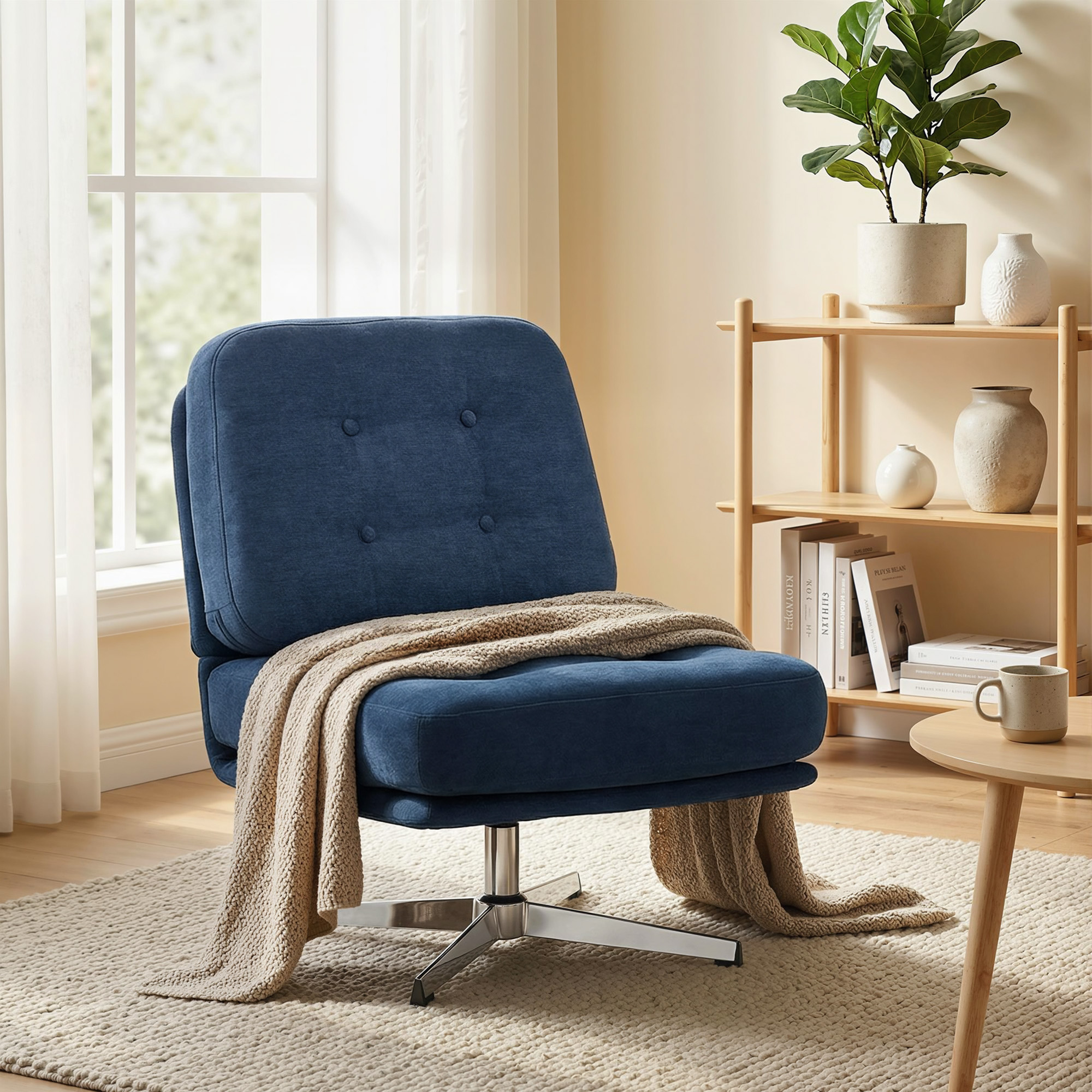 Drehbarer Akzentstuhl, gepolsterter Lesesessel mit Chenille, breitem Sitz, Federkissen und Metallbeinen, Dunkelblau