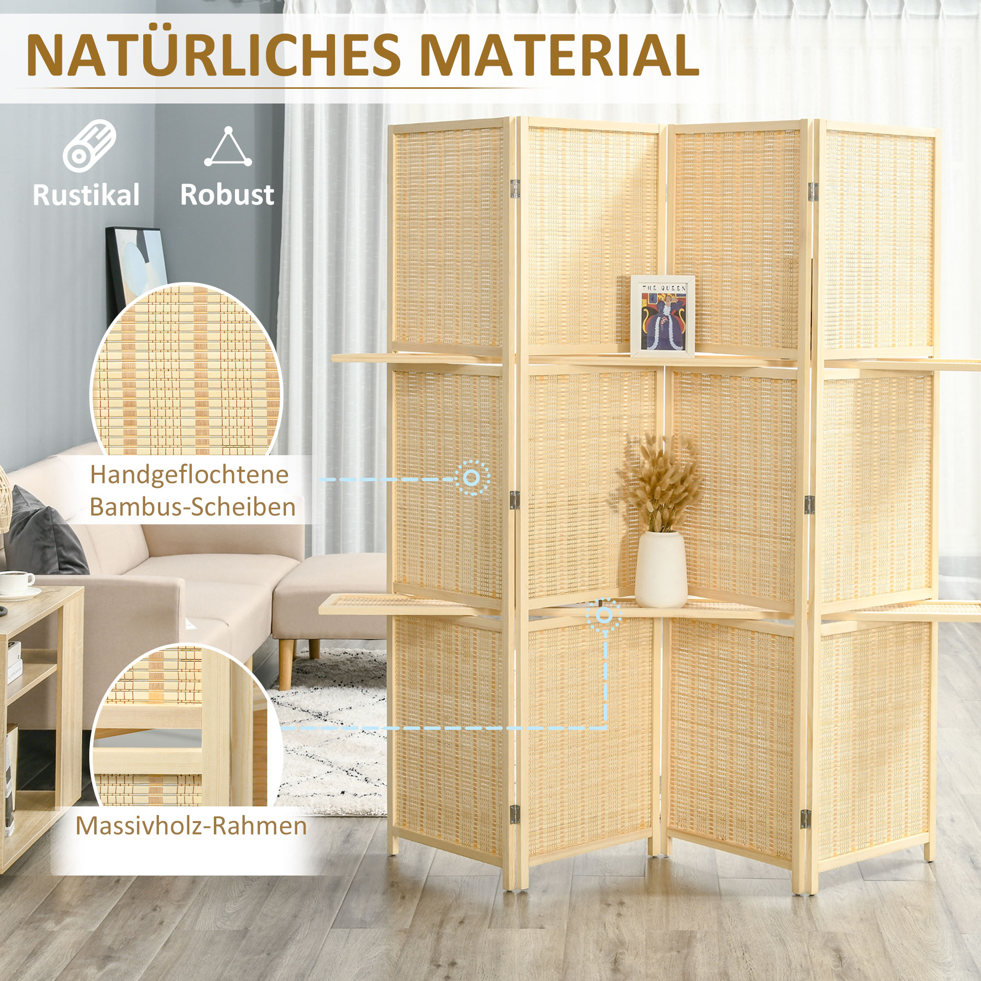 Raumteiler, Raumtrenner aus Bambus, 2 Regale, faltbar, Fußpads, Natur
