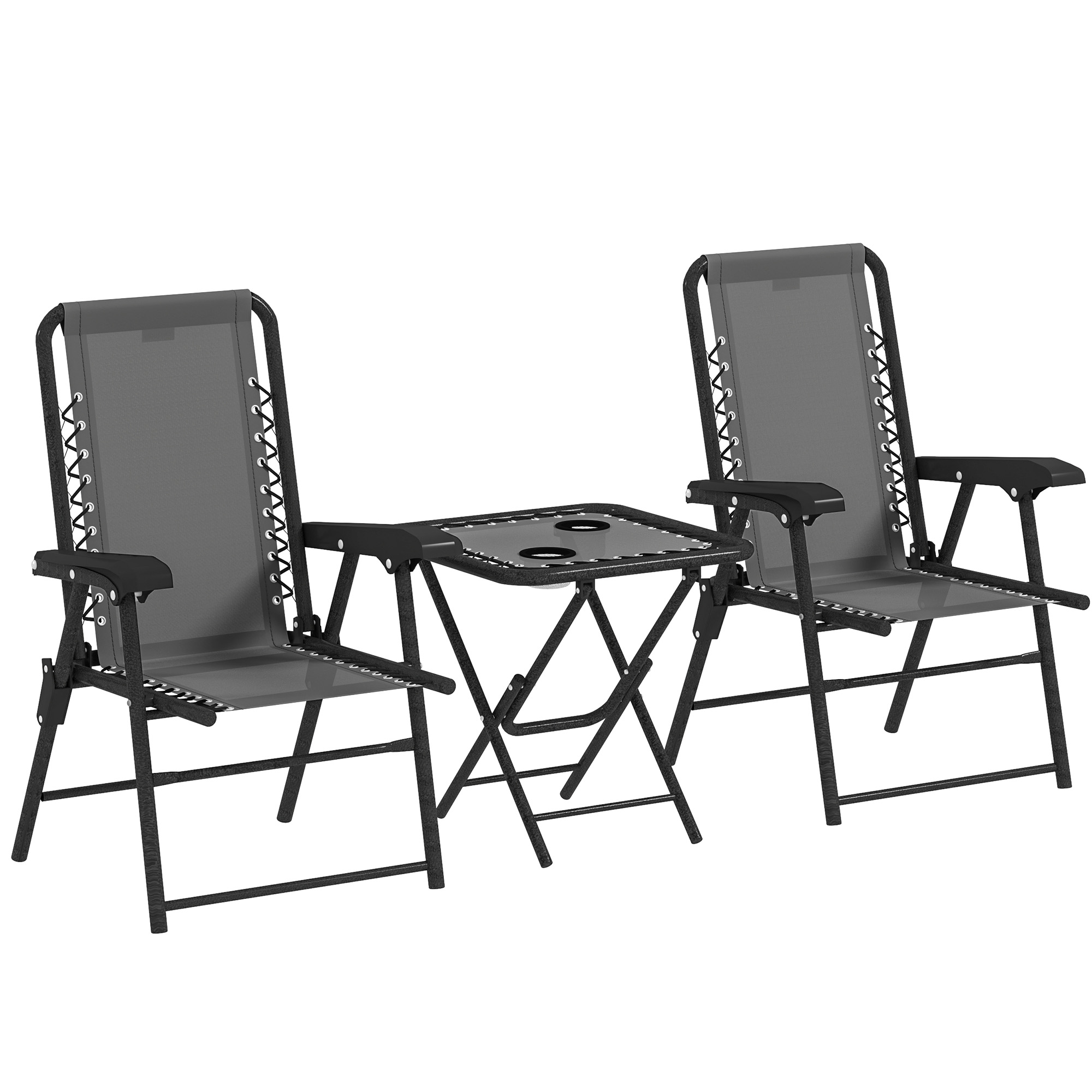 Bistro Set 3-teilig aus Stahl Wetterfest Gartenmöbel Set mit klappbar Bistrotisch Becherhalter Gartenstühlen Dunkelgrau