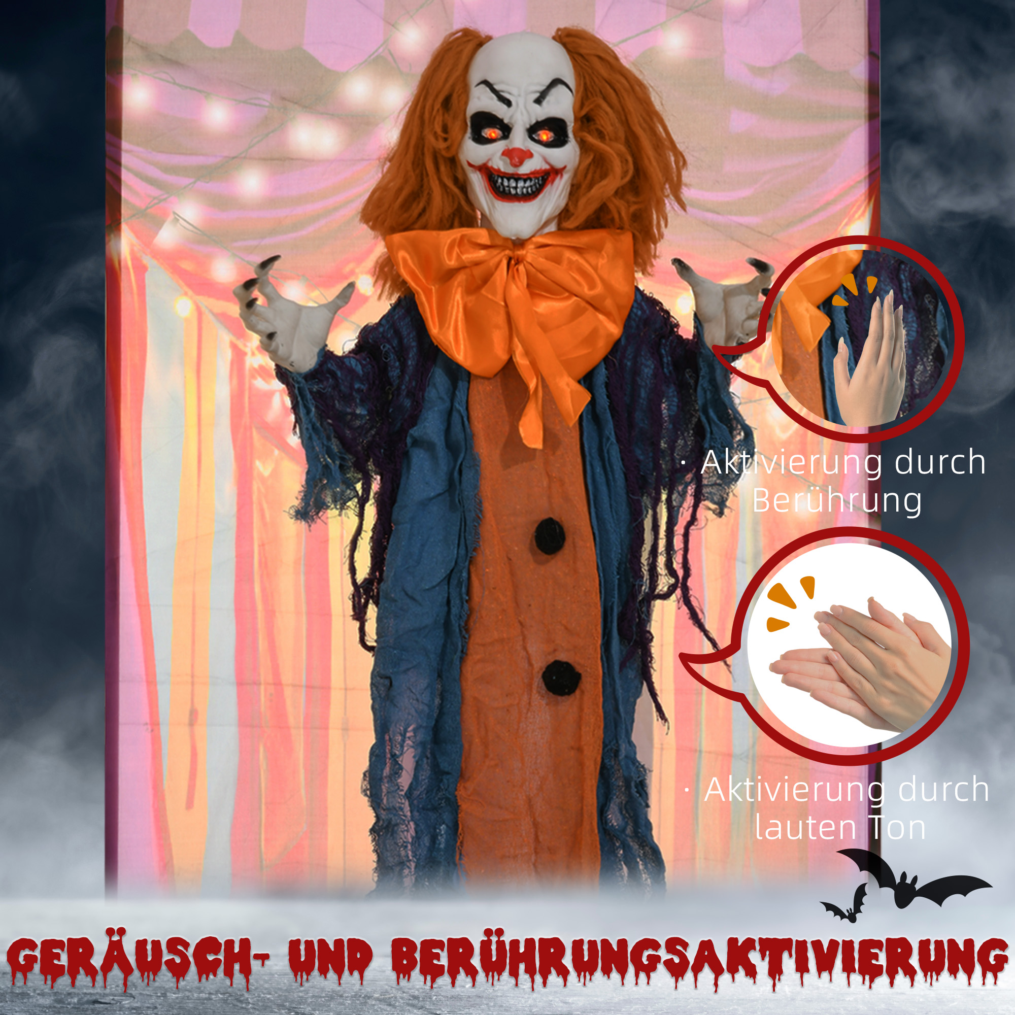 Horrorclown, Helloweendeko, aktiviert mit Geräusche/Berührung, rote Augen, Sound, 168 cm Horrorclown, Helloweendeko, aktiviert mit Geräusche/Berührung, rote Augen, Sound, 168 cm