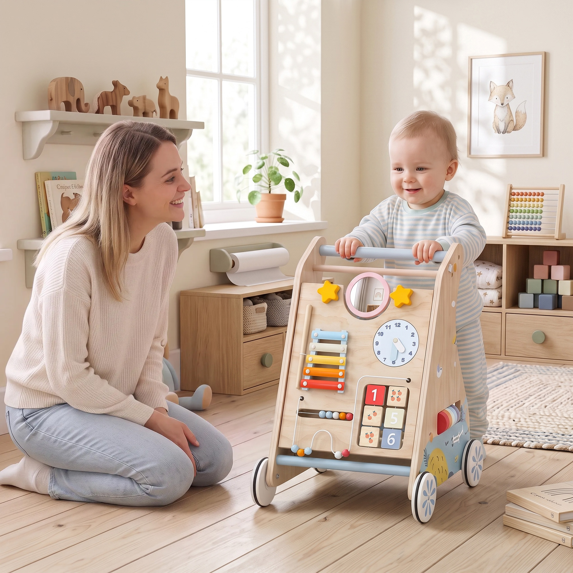 3-in-1 Baby Lauflernwagen Lauflernhilfe mit abnehmbar doppelseitig Aktivitätstafel Tasche Rädern für 1-3 Jahre