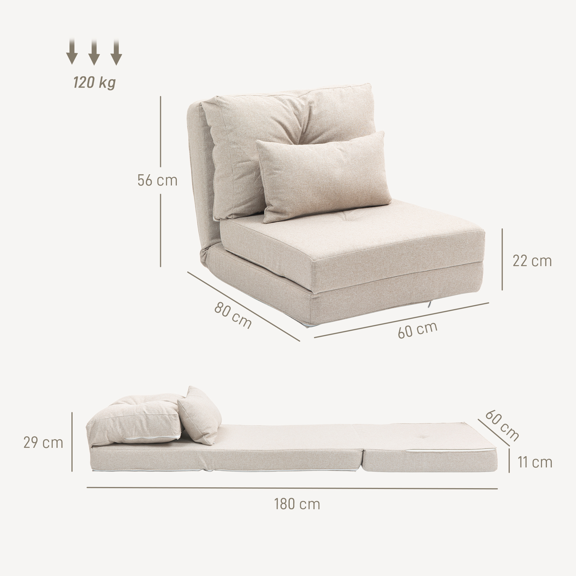 Bodensessel Klappmatratze Schlafmatte, 2-in-1-Design, abnehmbares Kissen, 60 x 80 x 56 cm, Beige
