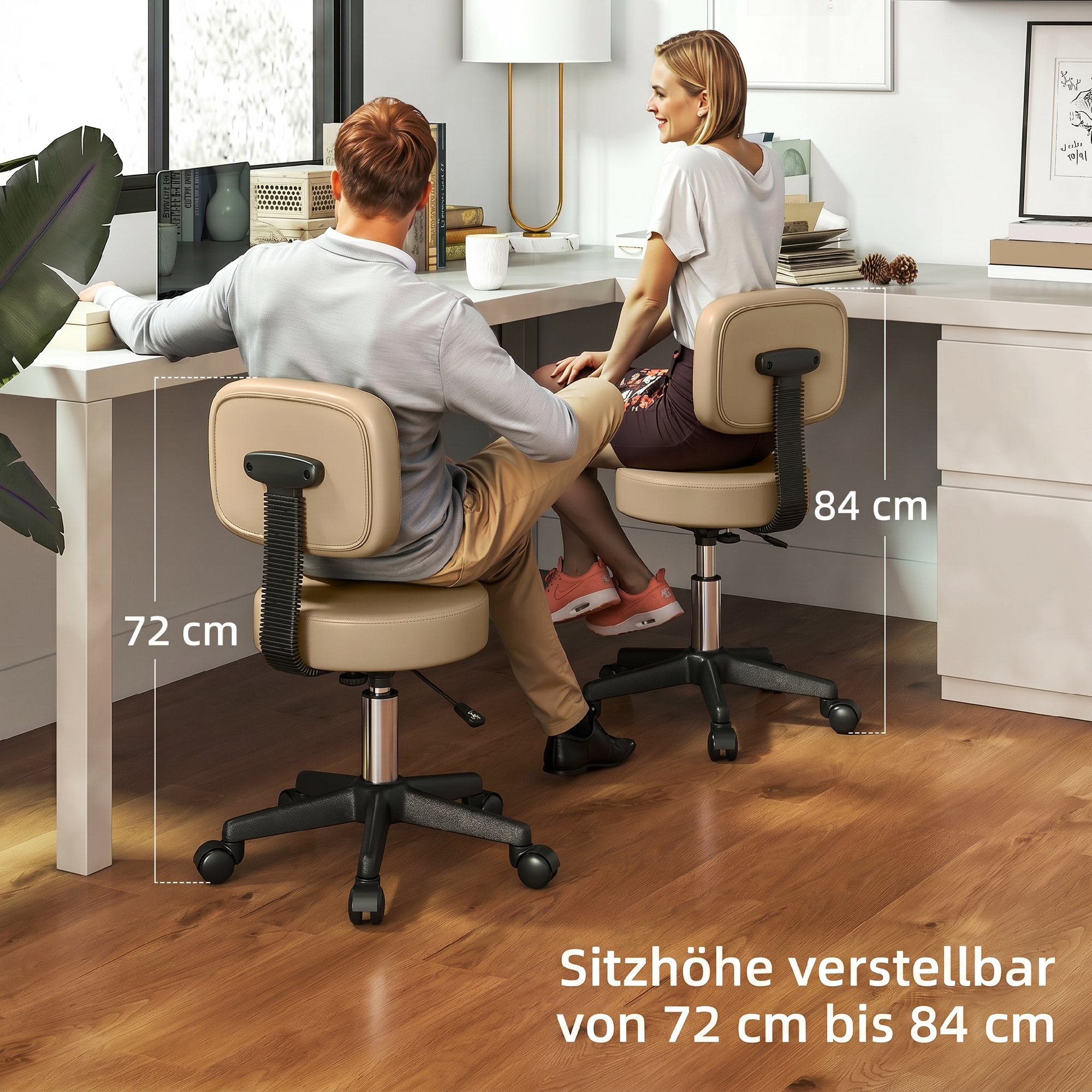 Rollhocker höhenverstellbar mit Rückenlehne 72-84 cm Hoch 360° Drehbar Arbeitshocker für Büro Salon Hellbraun