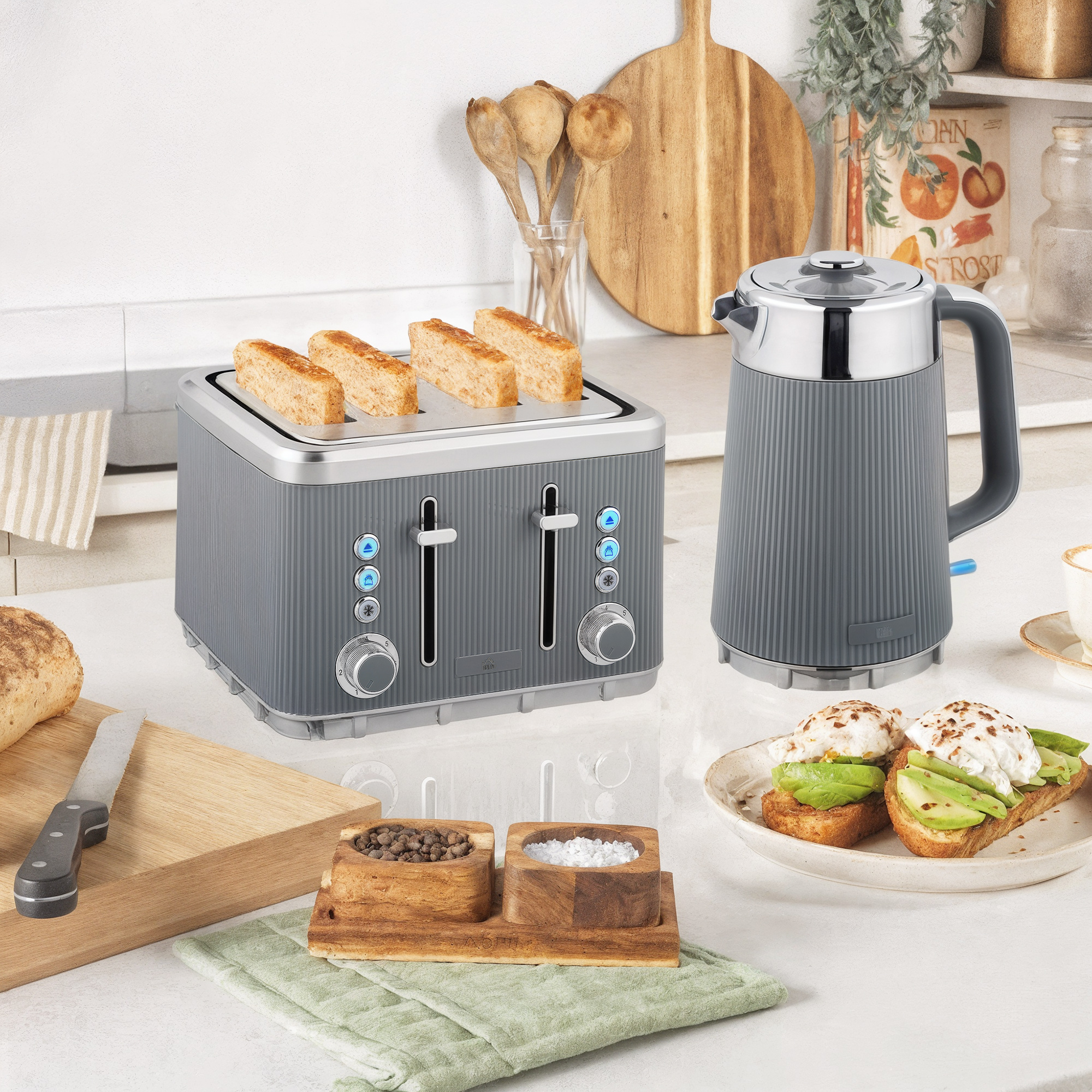 2200W, 1,7L Wasserkocher mit Schnellkochfunktion, Entkalkungsfilter und 4-Scheiben-Toaster mit 7 Bräunungsstufen, Grau