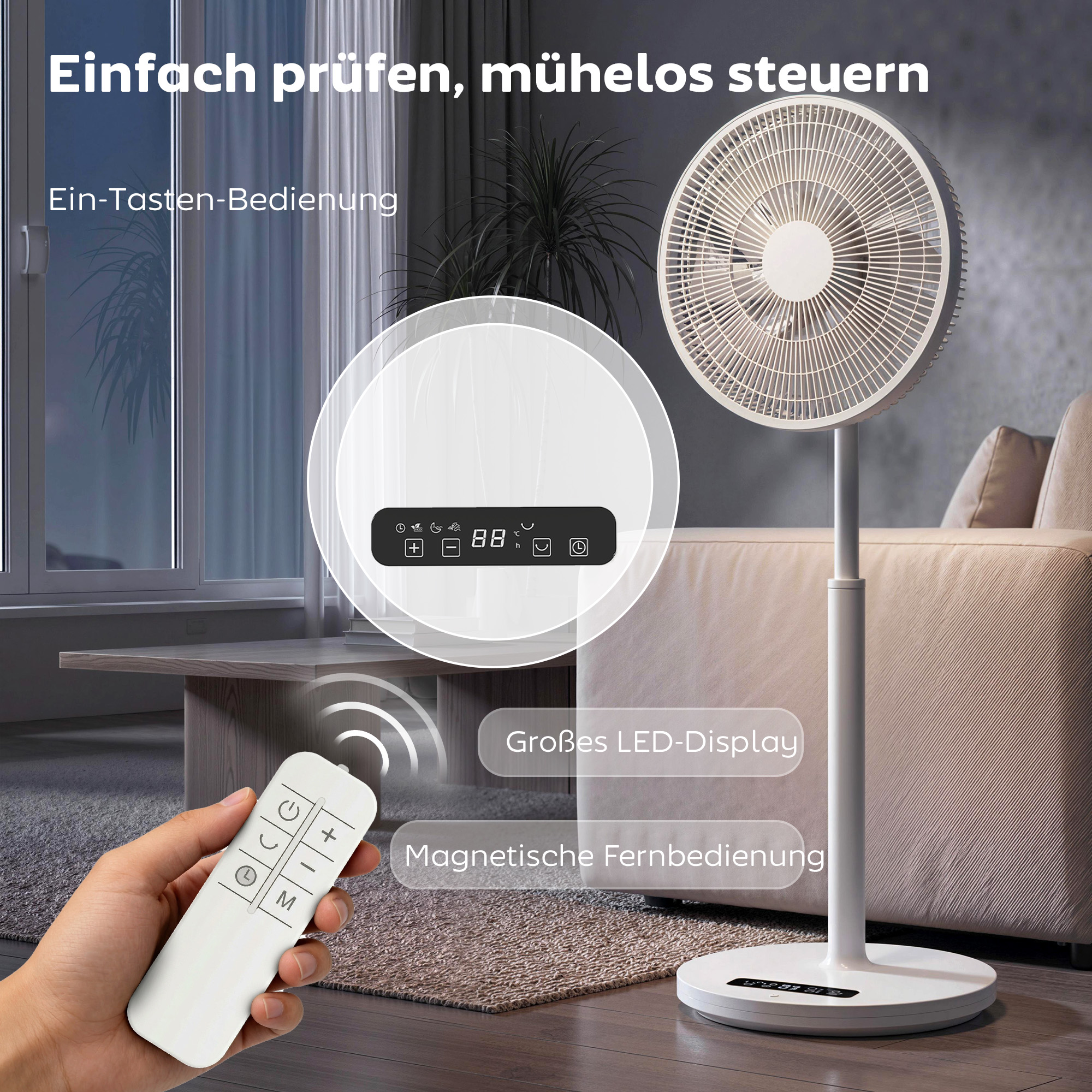 Standventilator mit Fernbedienung und 12 Geschwindigkeiten, Bodenventilator mit verstellbarer Höhe für das Schlafzimmer, Weiß