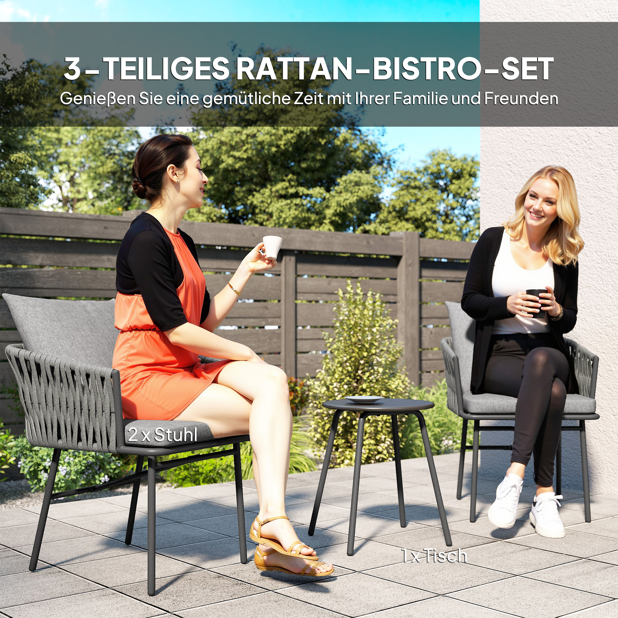 3-teiliges Außenmöbel-Set, 2 Stühle, 1 Tisch, Bistro-Set, Kunst-Rattan, Stahlrahmen, Metalltisch, 4 Kissen, Grau