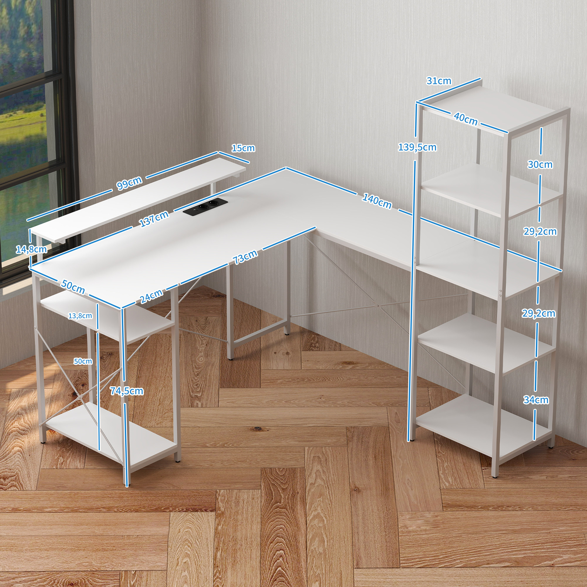 L-förmiger Schreibtisch mit Ladestation, Eck-Computertisch mit Monitorständer und Regalen, für Homeoffice, Büro, Weiß