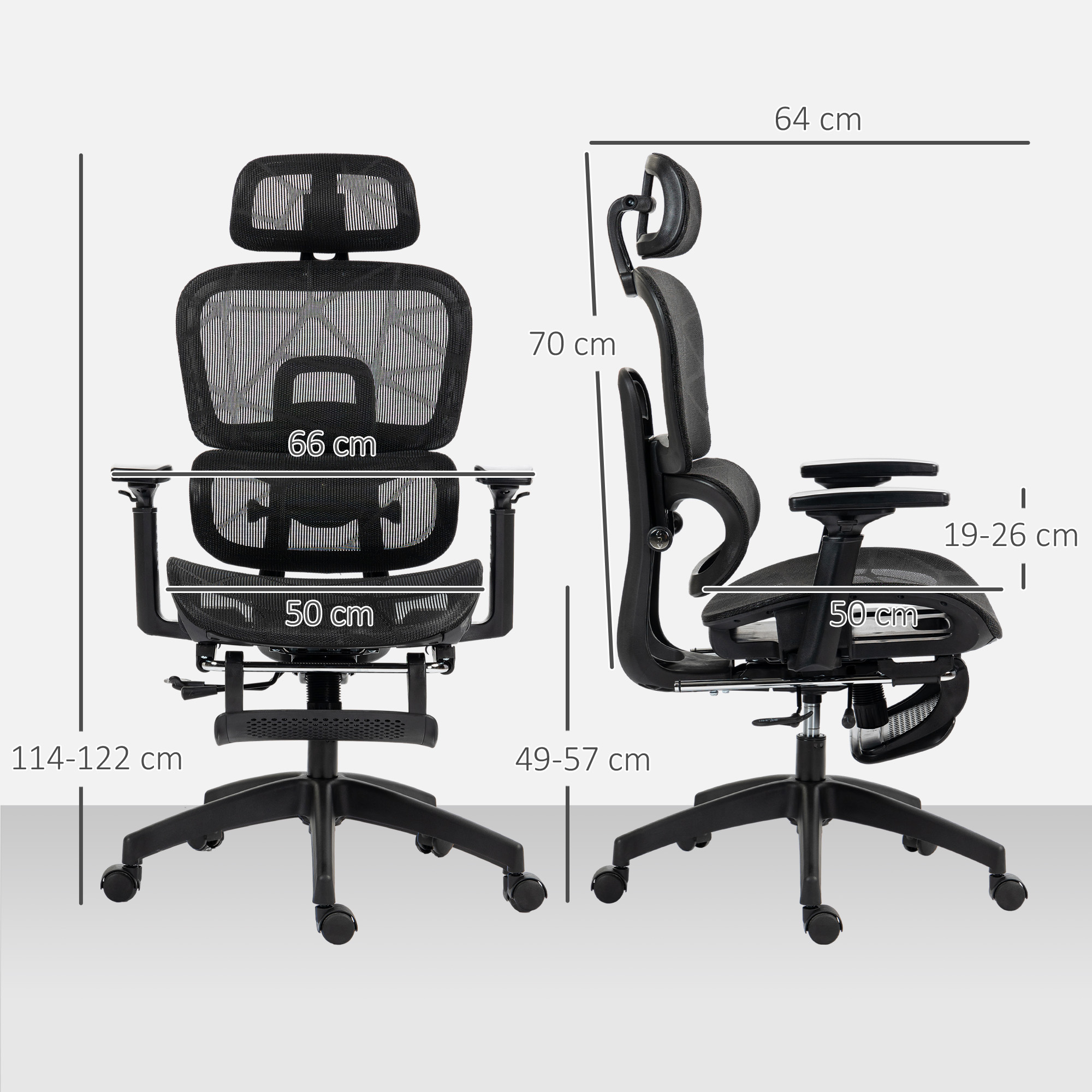 Bürostuhl, Ergonomischer Schreibtischstuhl mit Netzstoffbezug, verstellbar, rollbar, mit Armlehnen, Kopfstütze, Schwarz