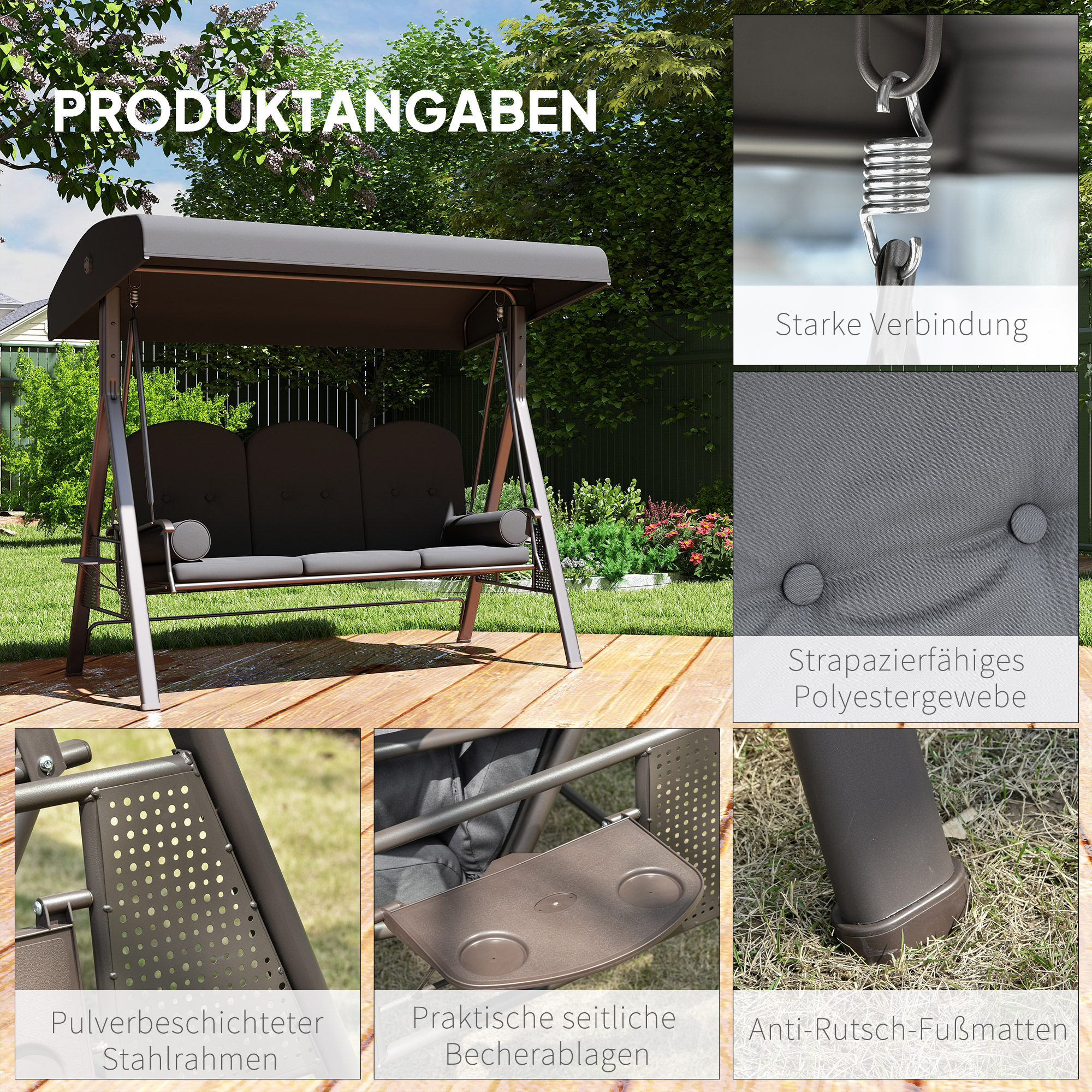 Hollywoodschaukel 3-Sitzer Gartenschaukel mit Sonnendach Tablett Sitzauflage  bis 360kg Dunkelgrau