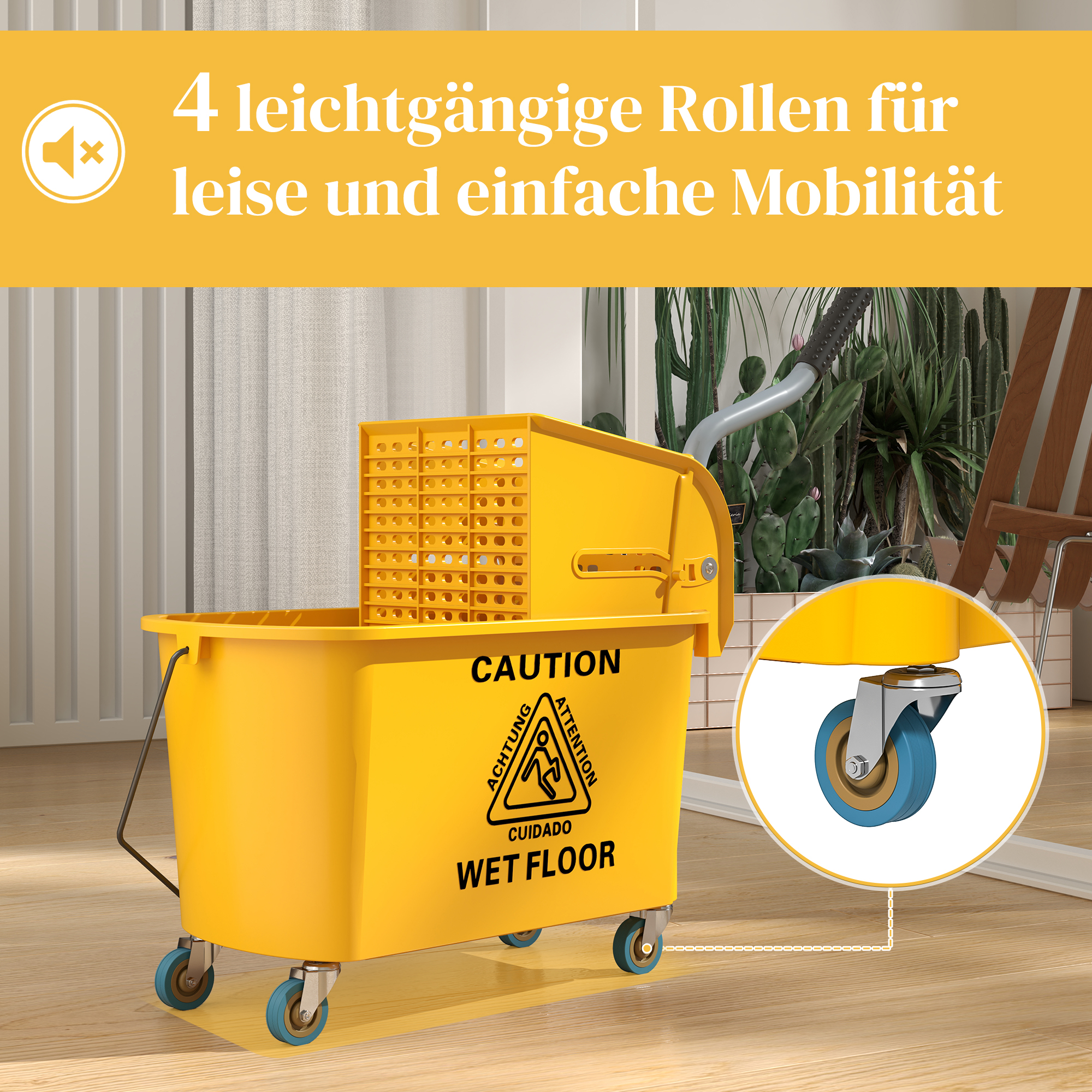 Reinigungswagen 20L Putzwagen mit Presse und Kehrgarnitur, Eimer inkl. Mopp, Rolle