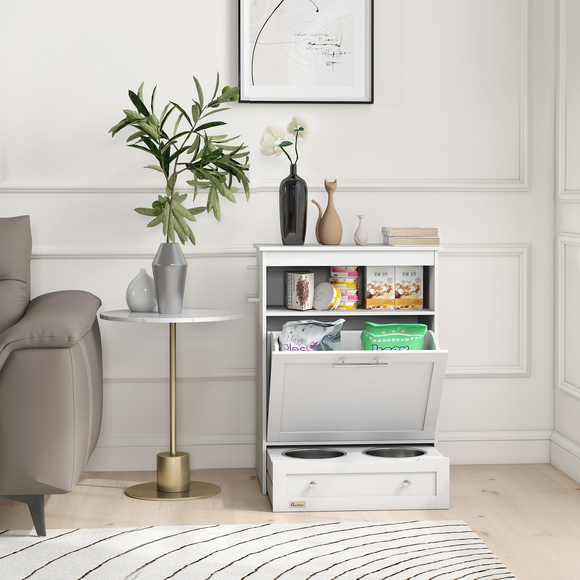 Futterstation für Haustiere, Aufbewahrungsschrank für Haustierbedarf, mit Futterschüsseln, Haken für Leinen, MDF, Weiß