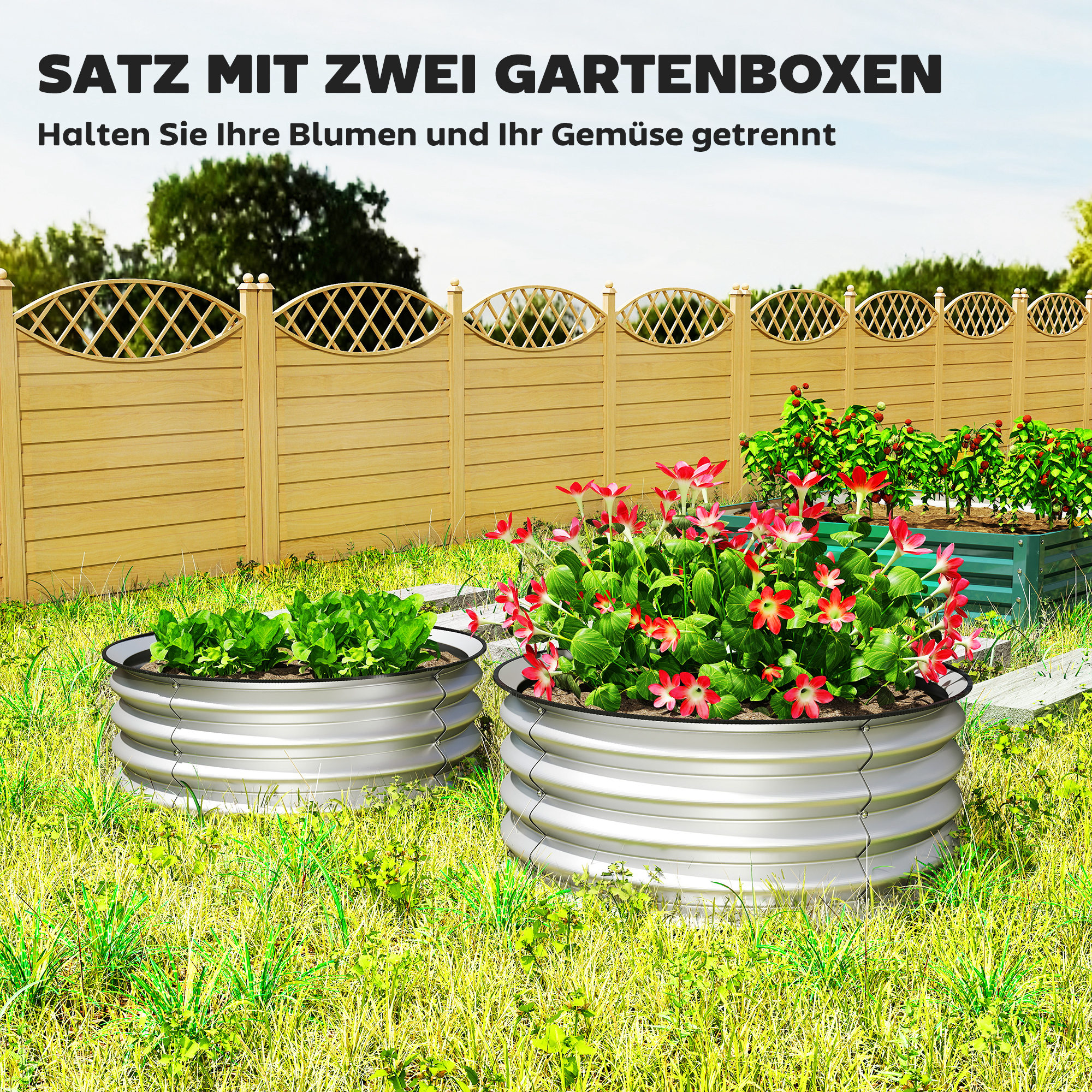 2er-Set Hochbeet Pflanzenbeet, modulares Hochbett, 2 Stück, ohne Boden, Ø60 x 30 cm. Silber