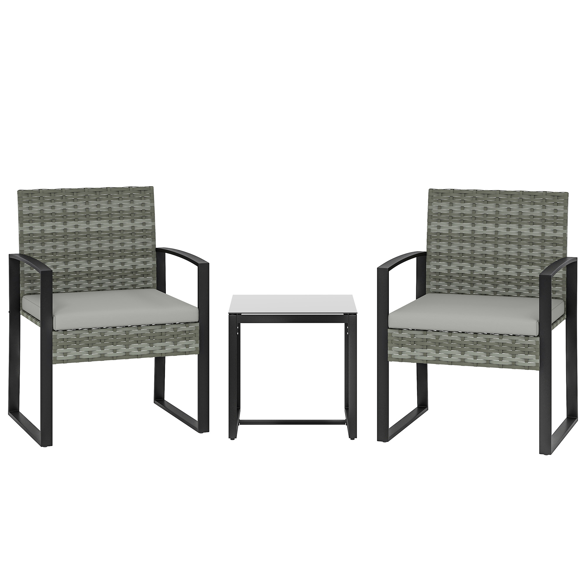Rattan Bistroset, 3 teiliges Gartenmöbel-Set mit 2 Gartenstühlen, Couchtisch, abnehmbar Kissen Hellgrau