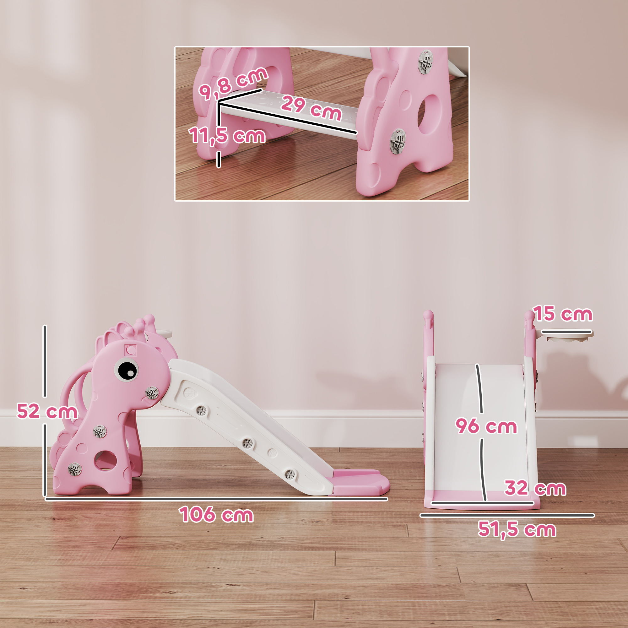 3-in-1 Rutsche für Kinder, Giraffenform, Basketballkorb, Ball, Rosa