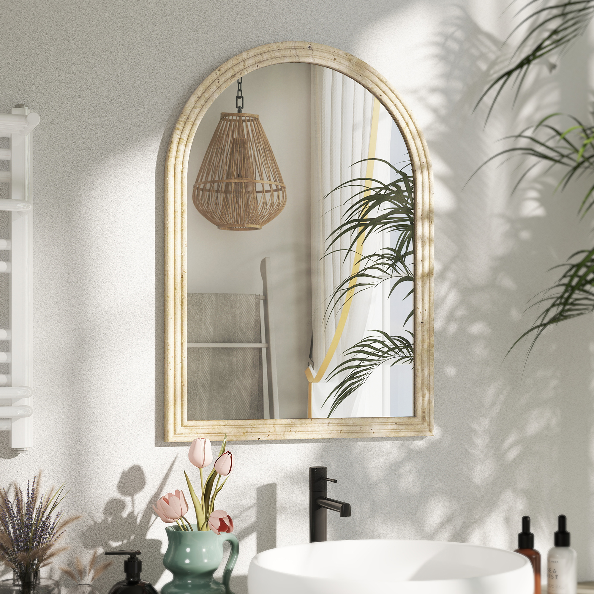 Wandspiegel Bogenförmig Spiegel mit Rahmen aus Polystyrol Dekorativer Hängespiegel 50 x 70 cm Beige