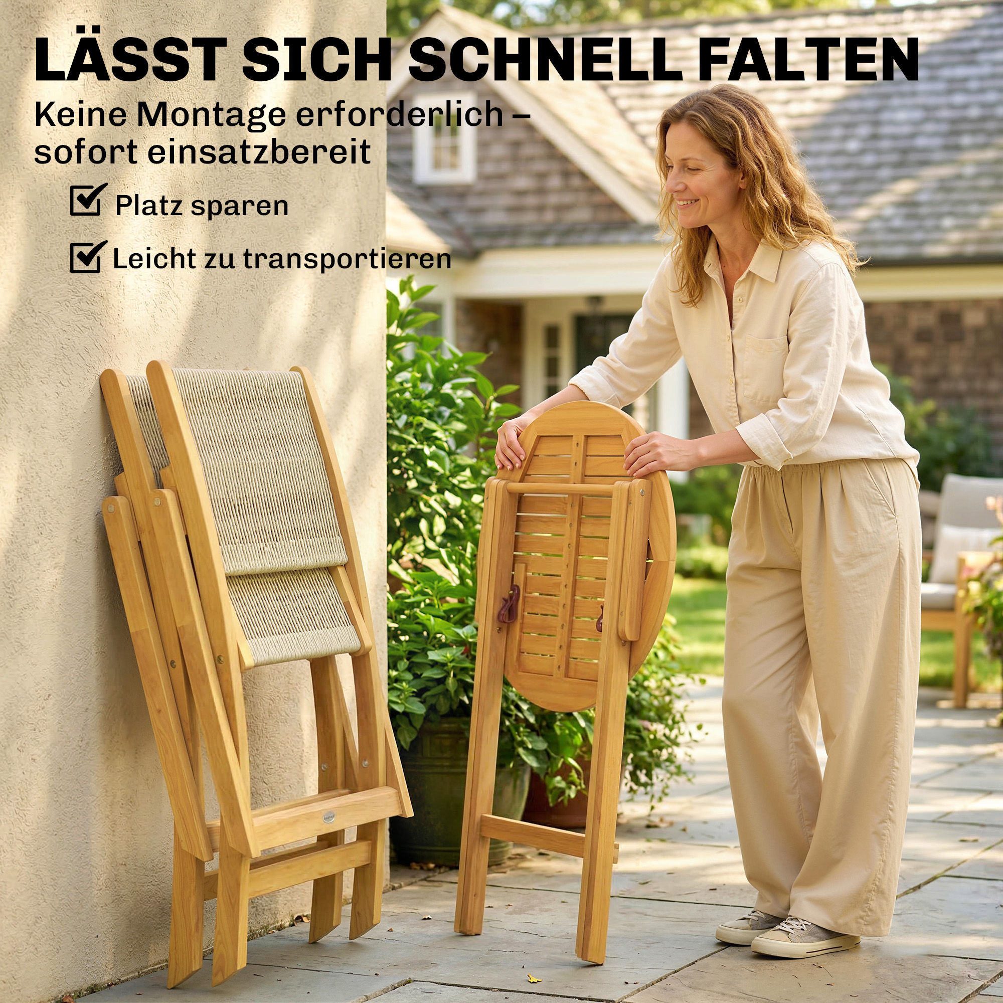Balkonmöbel Set 3 teilig Polyrattan Holz klappbar Gartenmöbel Set mit Tisch 2 Stühle, Atmungsaktiv
