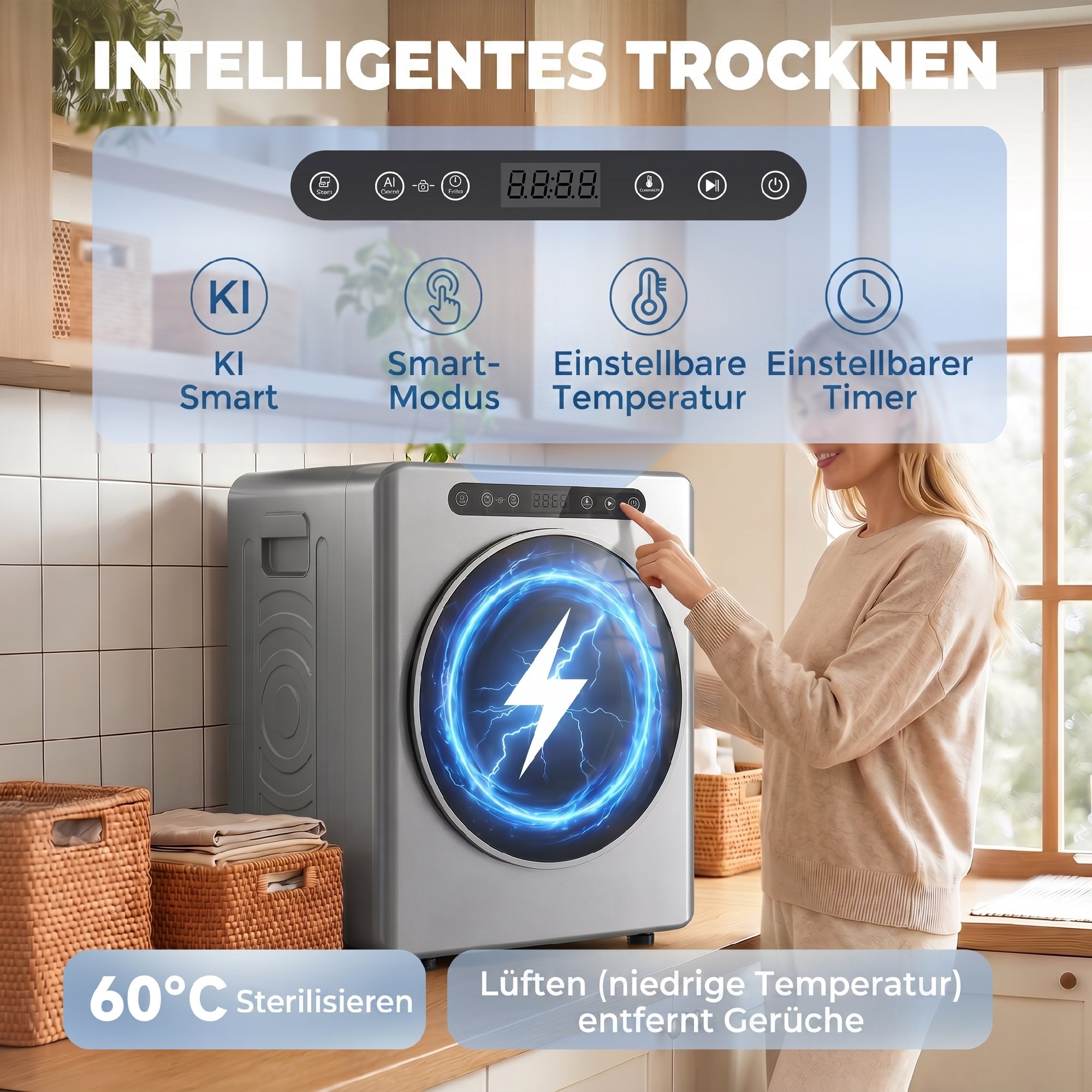 5kg Ablufttrockner, 1000W Kompakter freistehender Frontlader-Wäschetrockner mit Edelstahltrommel, Timer, Silber
