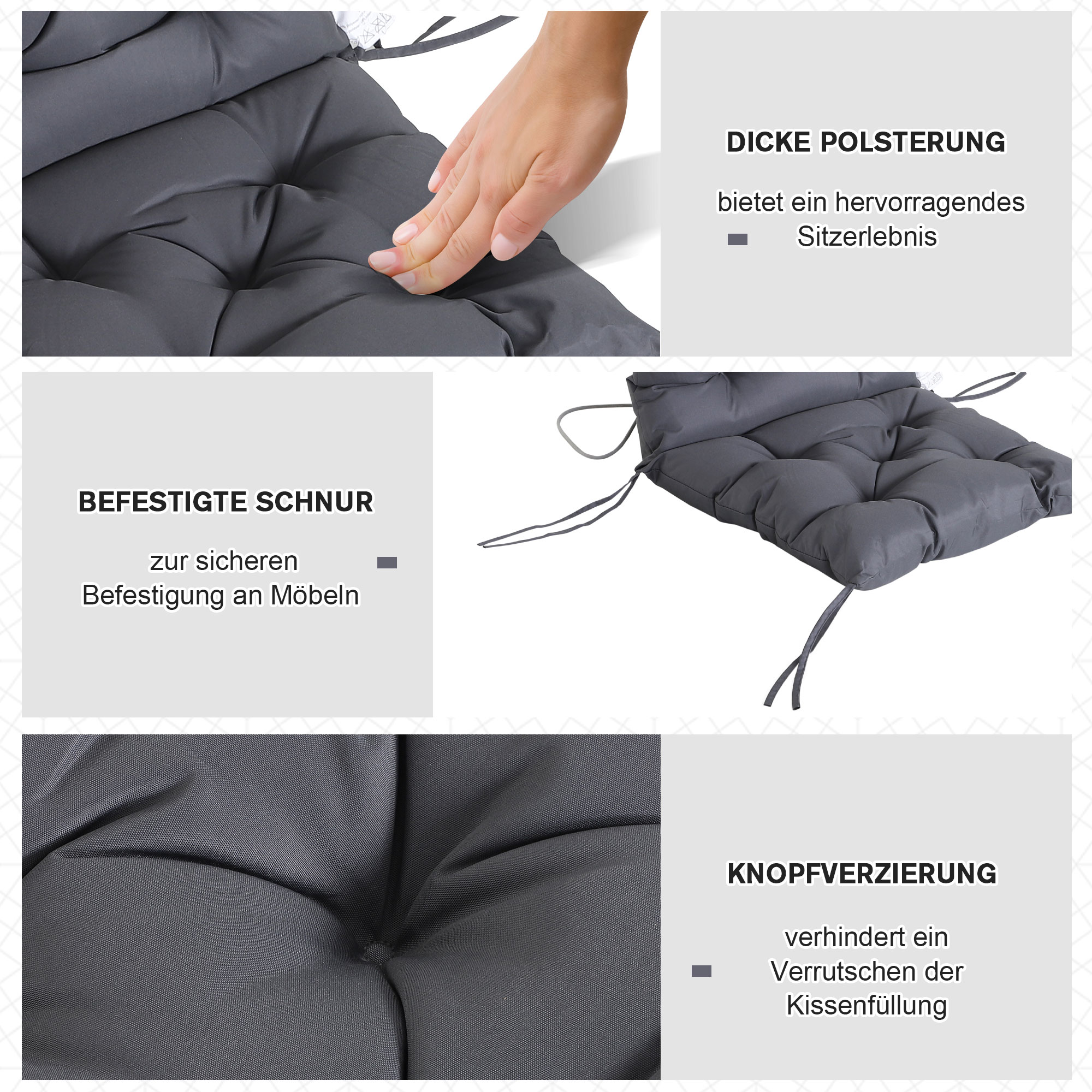2er-Set Sitzkissen, 98cm x 50cm x 8cm Stuhlkissen mit Bänder, Polsterauflage, waschbar/Ergonomische Sitzpolster für Haus, Garten, Sofa, Grau