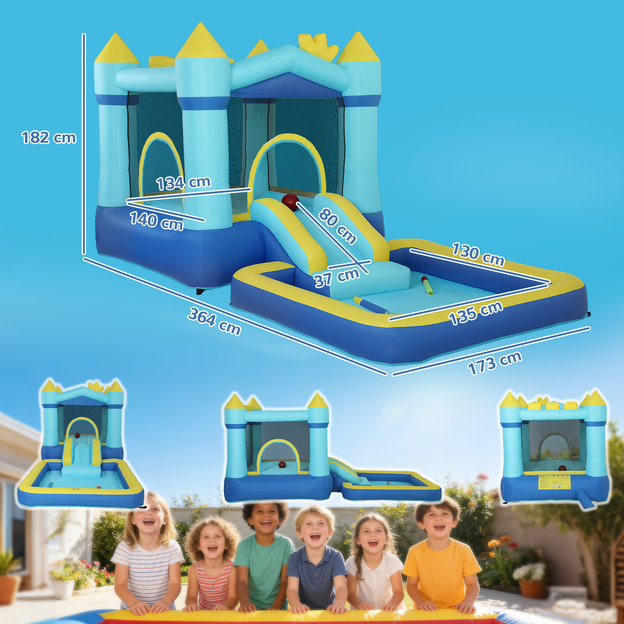 Hüpfburg Aufblasbar Spielcenter mit Gebläse Rutsche Trampolin Planschbecken/Bällebad Wasserpistole 364x173x182 cm Blau