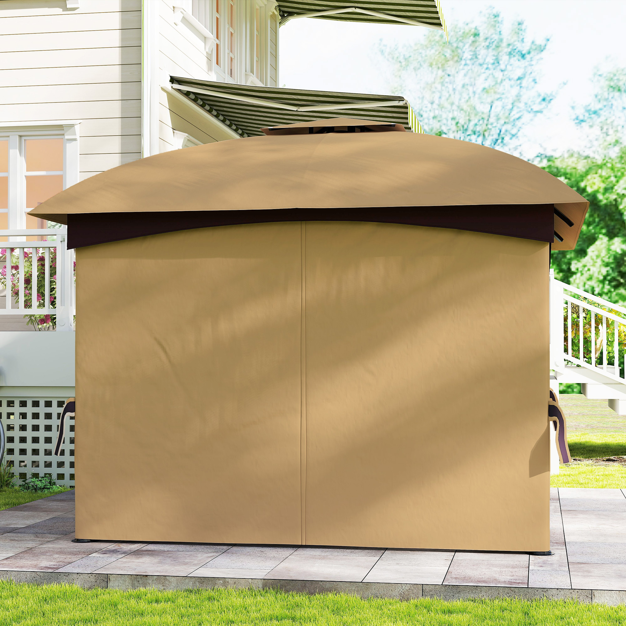 3,4 x 3,4 m Gartenpavillon, Bierzelt mit Lüftungsdach, Bogenfenstern, Stahlgestell, Beige