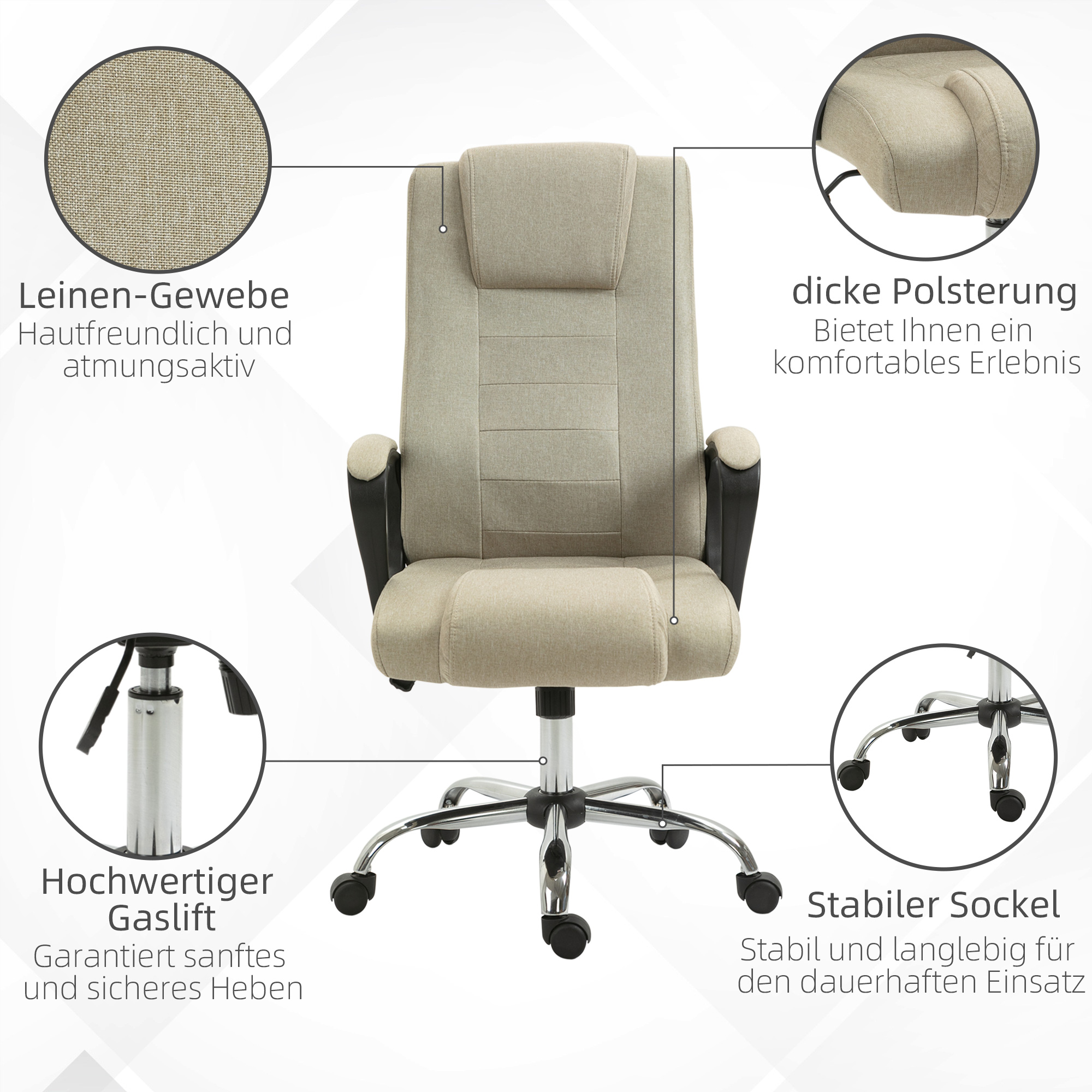 Bürostuhl in Leinenoptik, höhenverstellbar, Wippfunktion, 5 Rollen, Beige