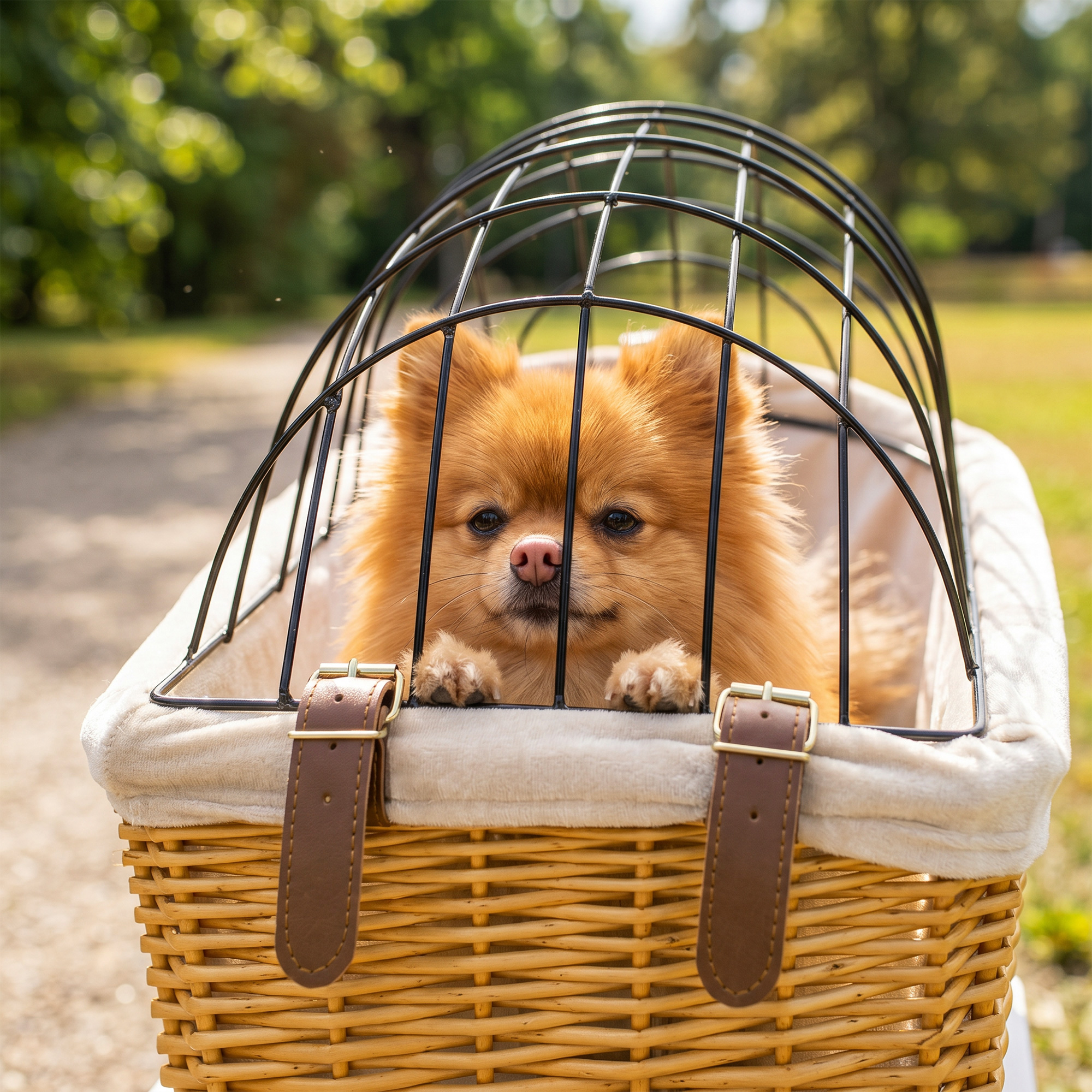 Fahrradkorb für Hunde & Katzen, Handgeflochtener Tierkorb mit Metallabdeckung & weichem Kissen, Hellbraun