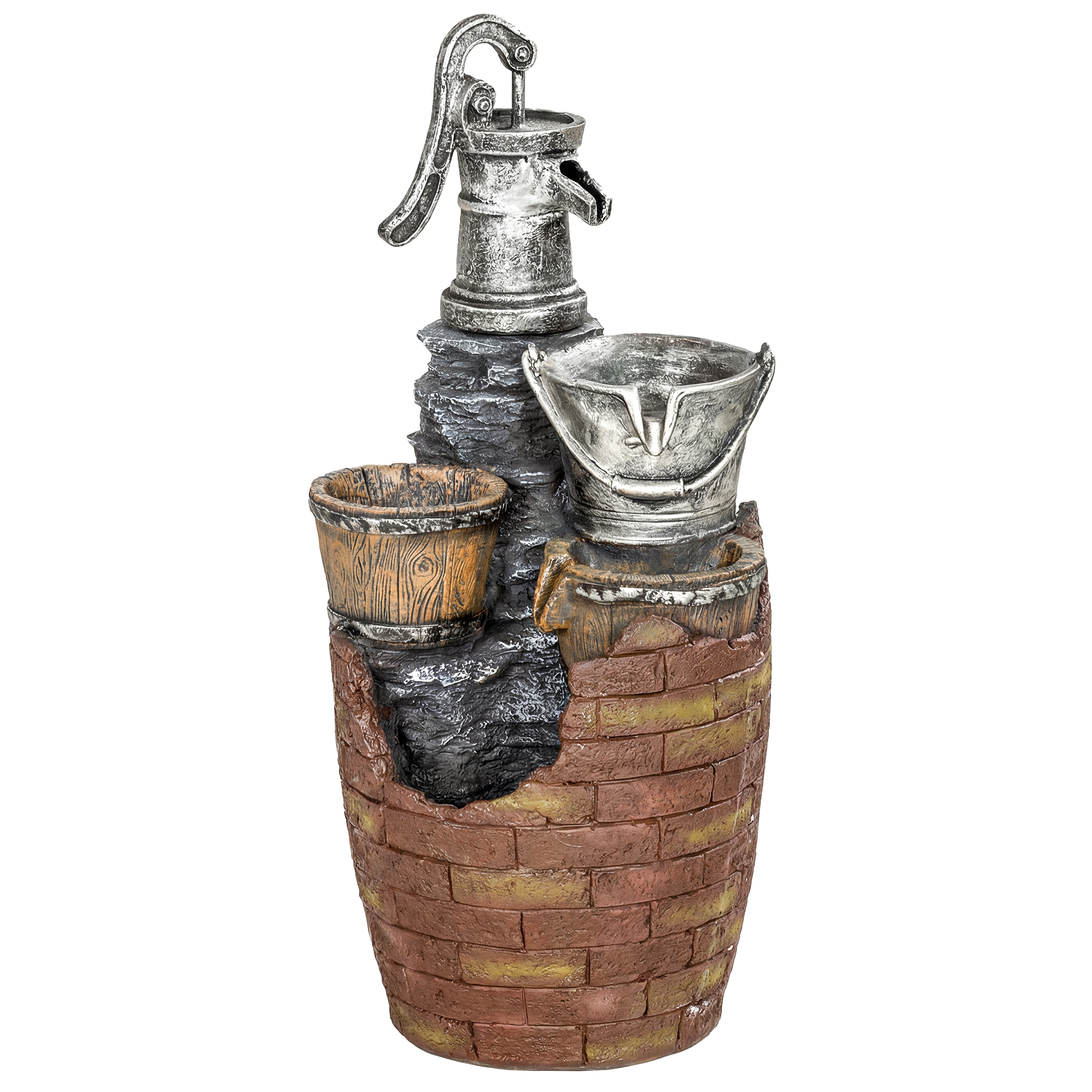 Springbrunnen 4-stufig rustikal Gartenbrunnen mit LED Beleuchtung Pflanzkübel Pumpe, Verstellbar 34 x 31 x 76 cm