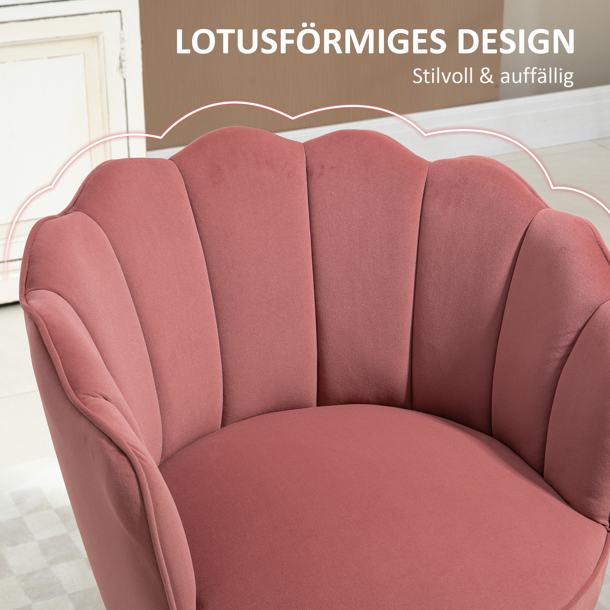 Sessel Wohnzimmer Loungesessel in Muschelform Relaxsessel mit Holzbeine, Polstersessel Lesesessel mit Samtoptik, Polsterstuhl für Schlafzimmer Rosa