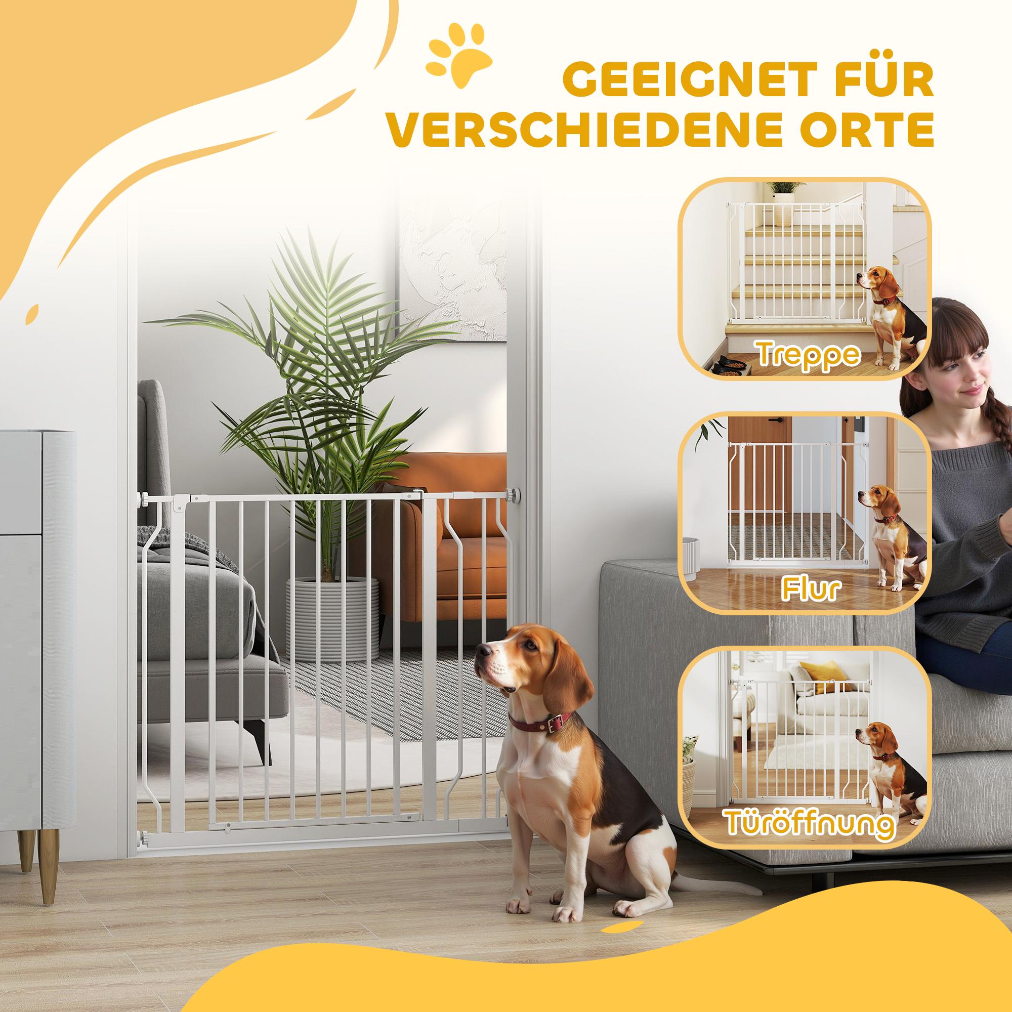 Hundeschutzgitter, Absperrgitter, Zwei-Wege-Öffnung, Wandhalterung mit Druckknöpfen, verstellbar von 75 cm bis 95 cm, Weiß
