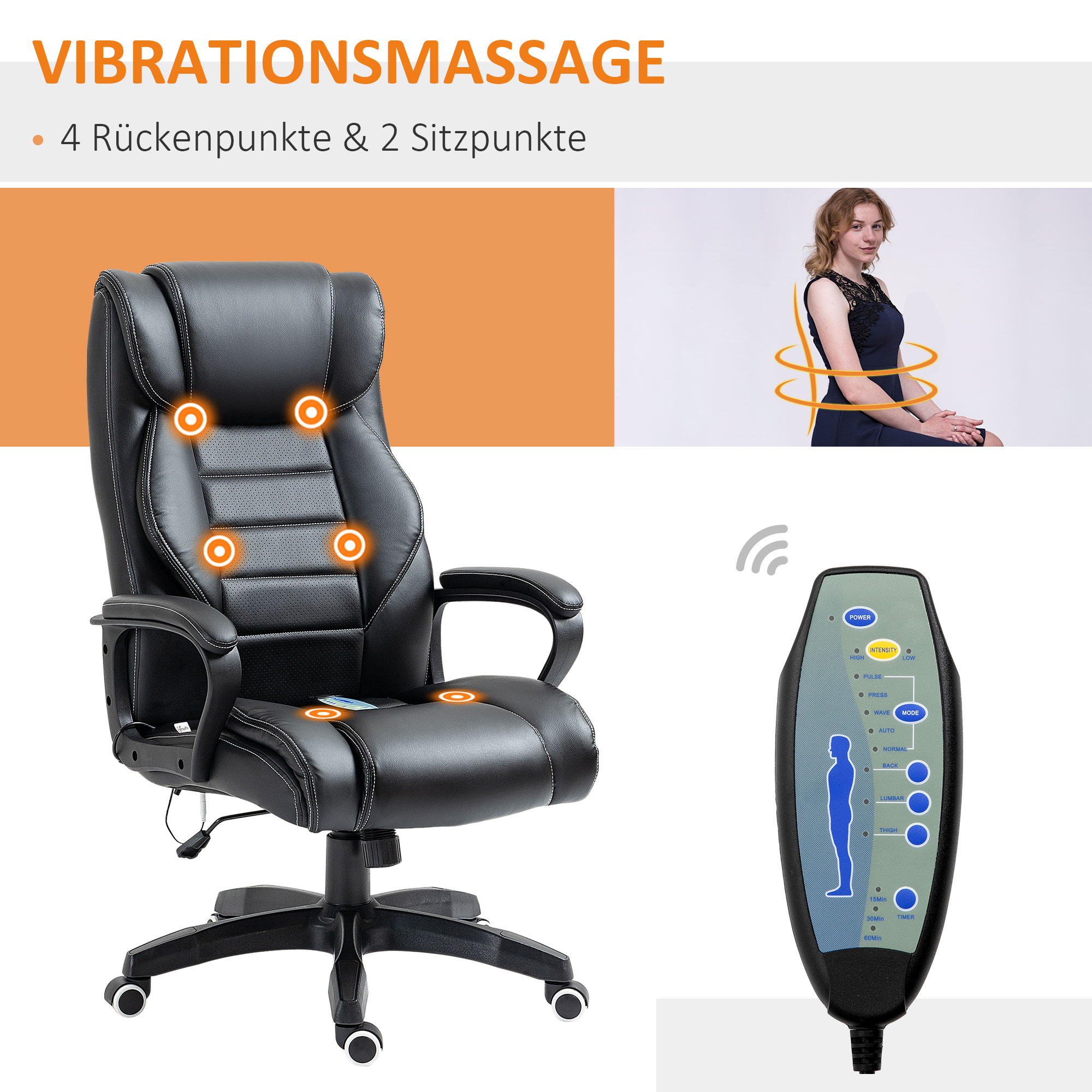 Bürostuhl mit Massage höhenverstellbarer Chefsessel ergonomischer Drehstuhl Gamingstuhl Computerstuhl Massage Sessel 6 Vibrationspunkte Leinen-Gefühl einstellbar Schwarz 66 x 78 x 112-120 cm