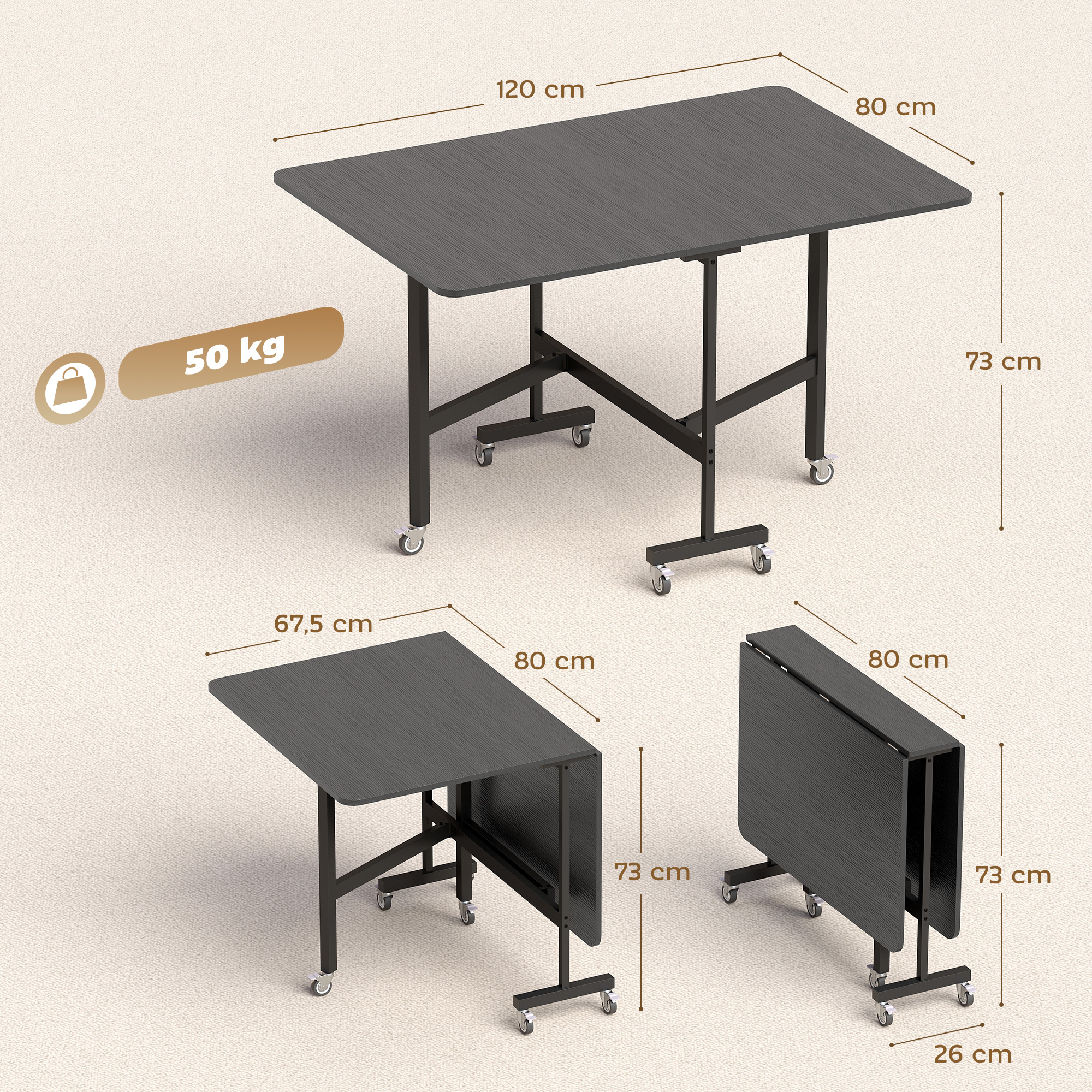 Esstisch Klappbar Küchentisch für 4-6 Personen mit 6 Rollen Mobiler Klapptisch für Kleine Räume 120x80x73 cm Schwarz