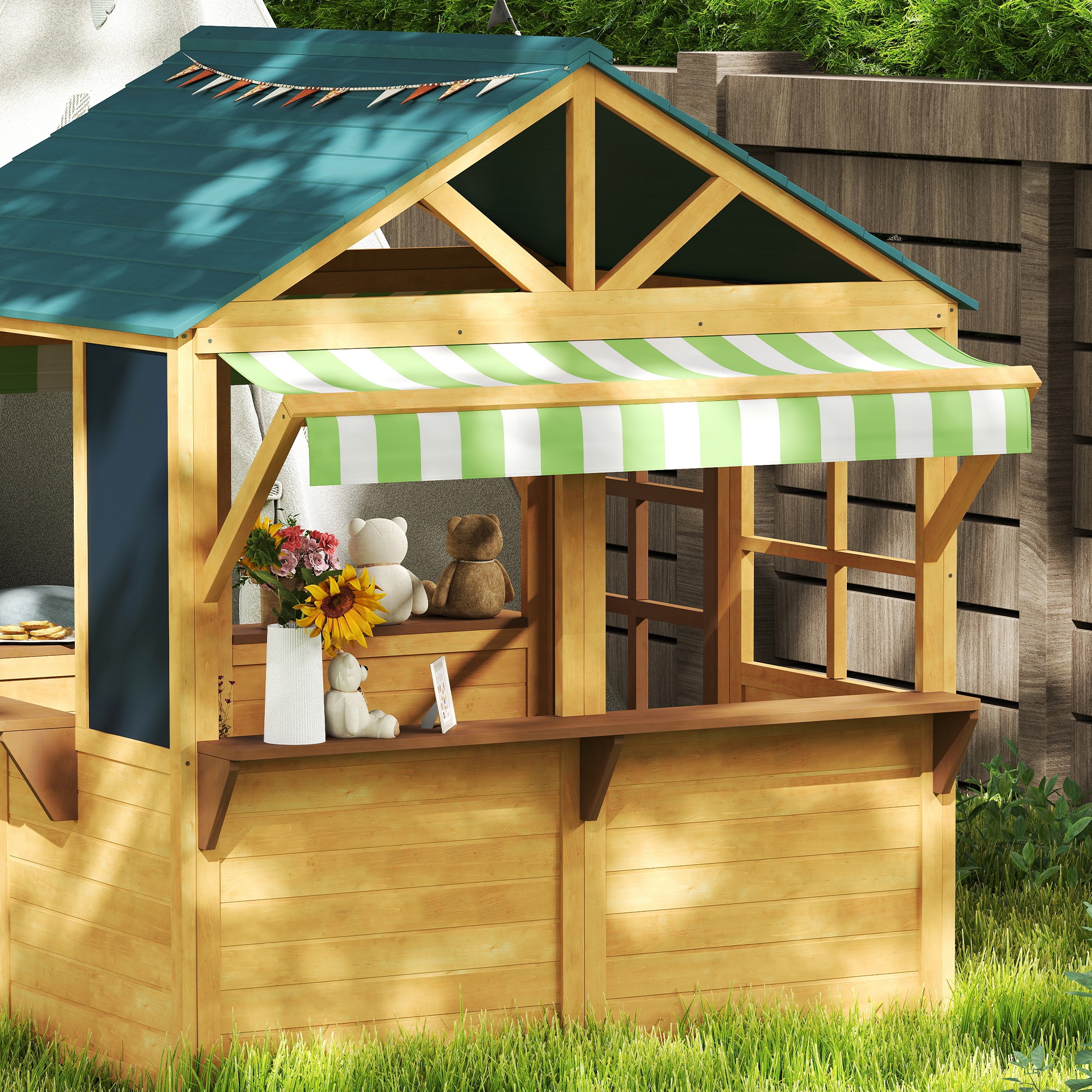 Kinderspielhaus aus Tannenholz, Faltbares Häuschen mit Fenstern, Tür, für Kinder im Alter von 3-8 Jahren, Braun+Blau