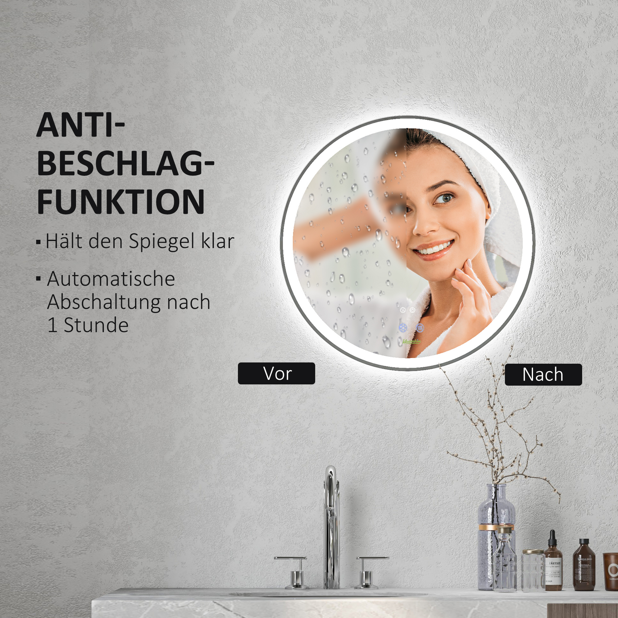 Badezimmerspiegel Badspiegel runder Spiegel, LED- Licht, Touch-Funktion, kein Beschlagen, 60 x 60 cm