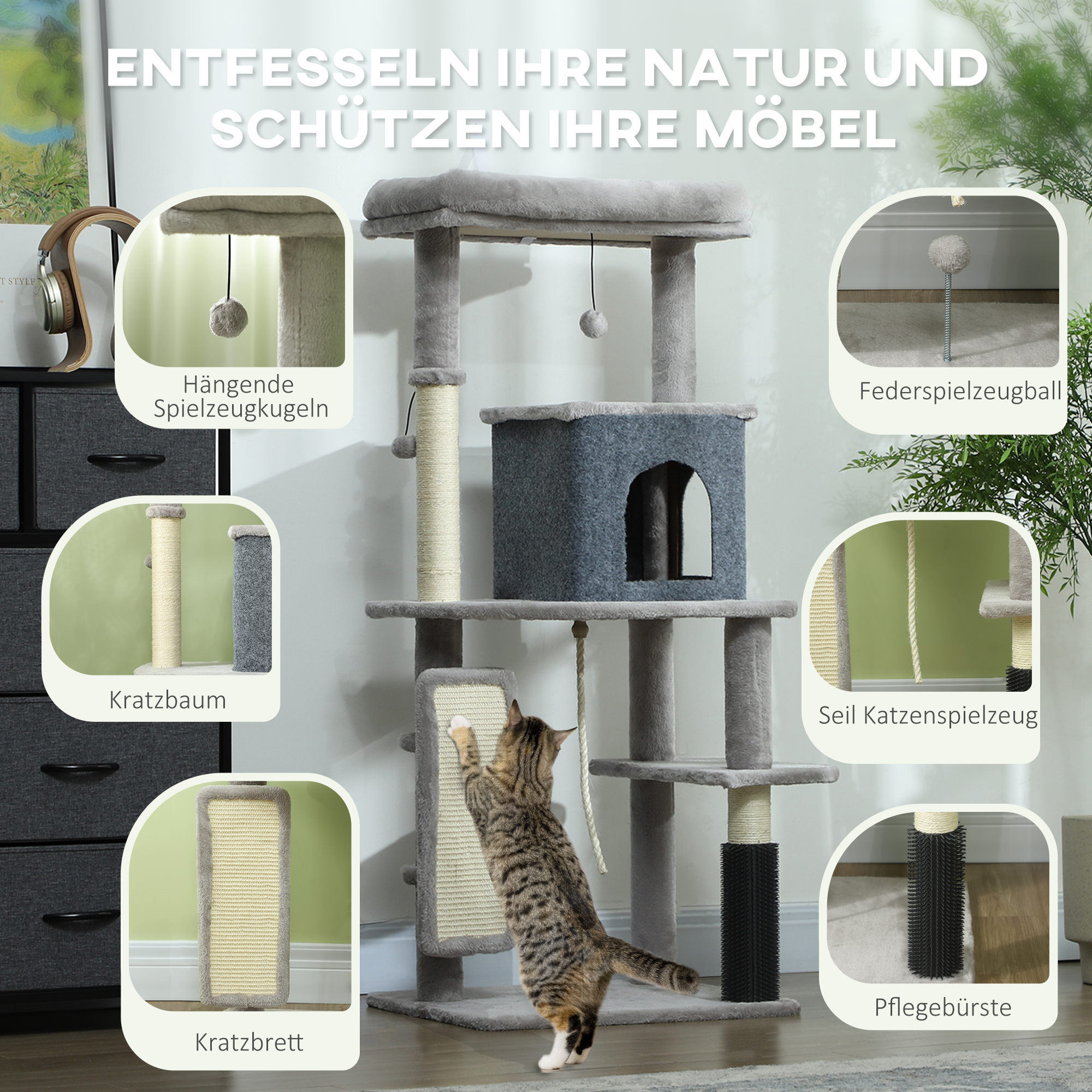 132 cm Katzenbaum mit Kratzpfosten, Bett, Haus, Sprungplattformen, Pflegebürste, Hellgrau
