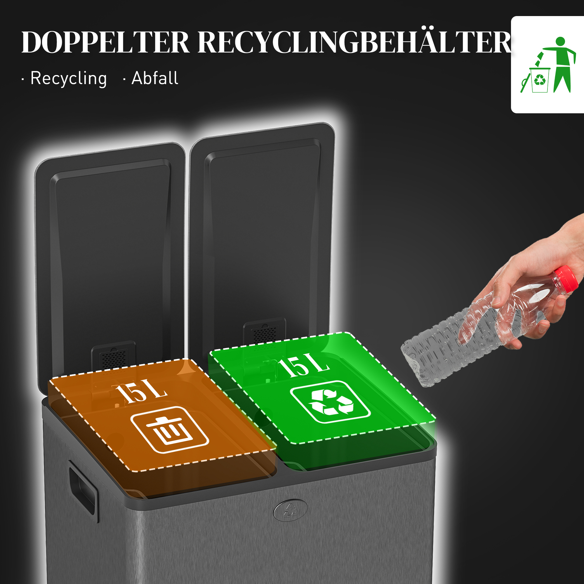 2 x 15 L Doppelmülleimer, Pedalöffnung, leicht zu reinigen, Edelstahl, Kunststoff, Schwarz