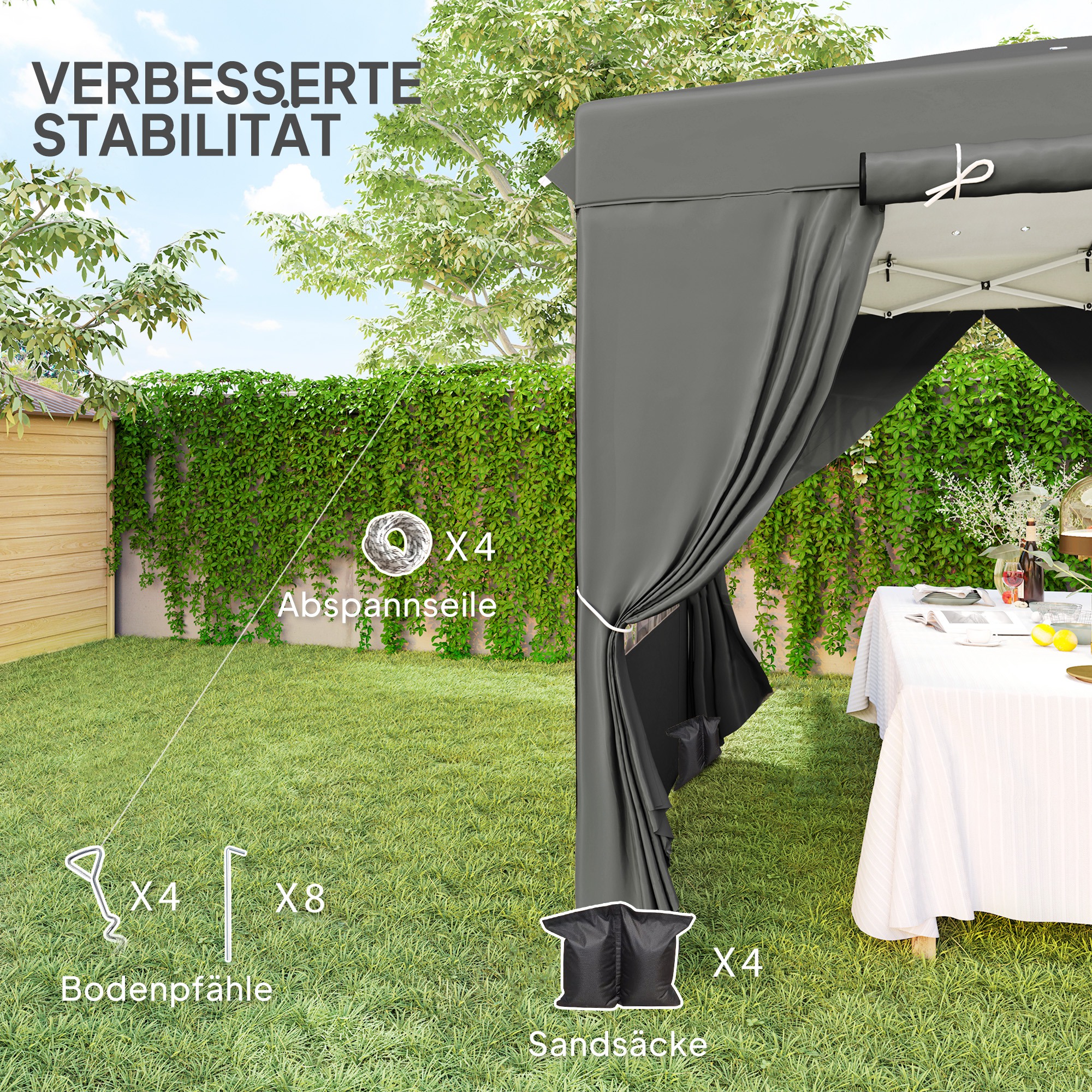 2,5 x 2,5 m Pop-up-Pavillon mit Seitenwänden und Transporttasche, UPF50+ höhenverstellbares Gartenzelt, Dunkelgrau