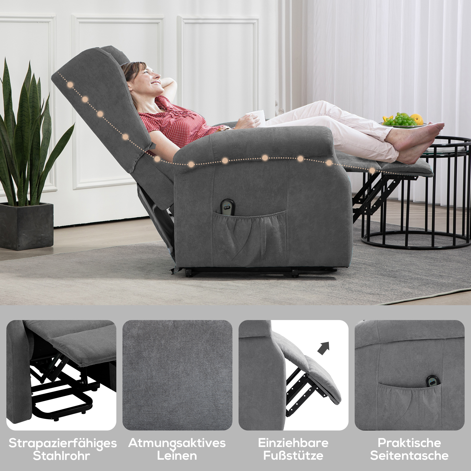 Relaxsessel, Aufstehhilfe, Liegefunktion, bis 200kg, 72,5x94x109cm, Dunkelgrau