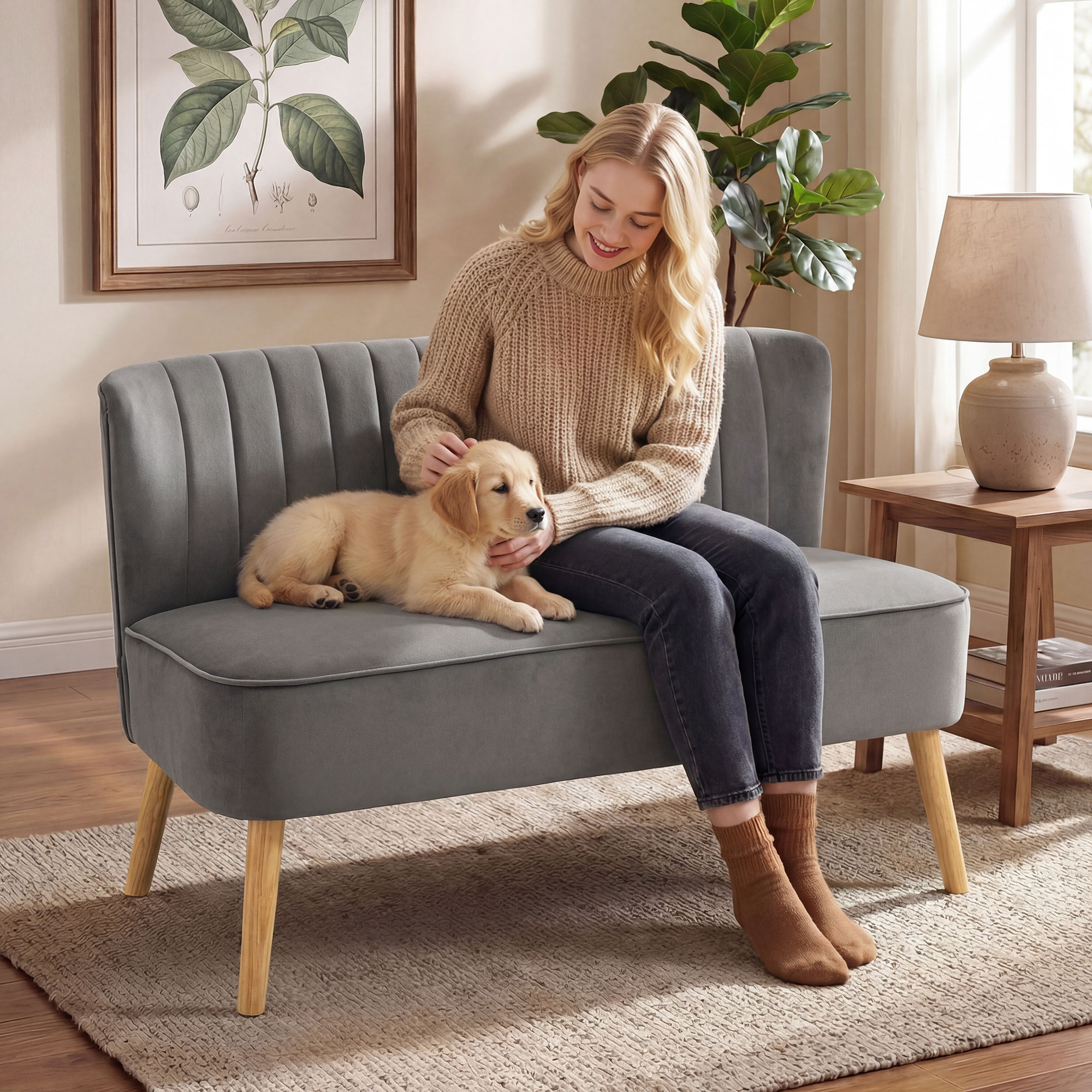 Sofa Retrodesign 2-Sitzer-Sofa, Holzbeine, 117 cm x 56,5 cm x 77 cm, Dunkelgrau