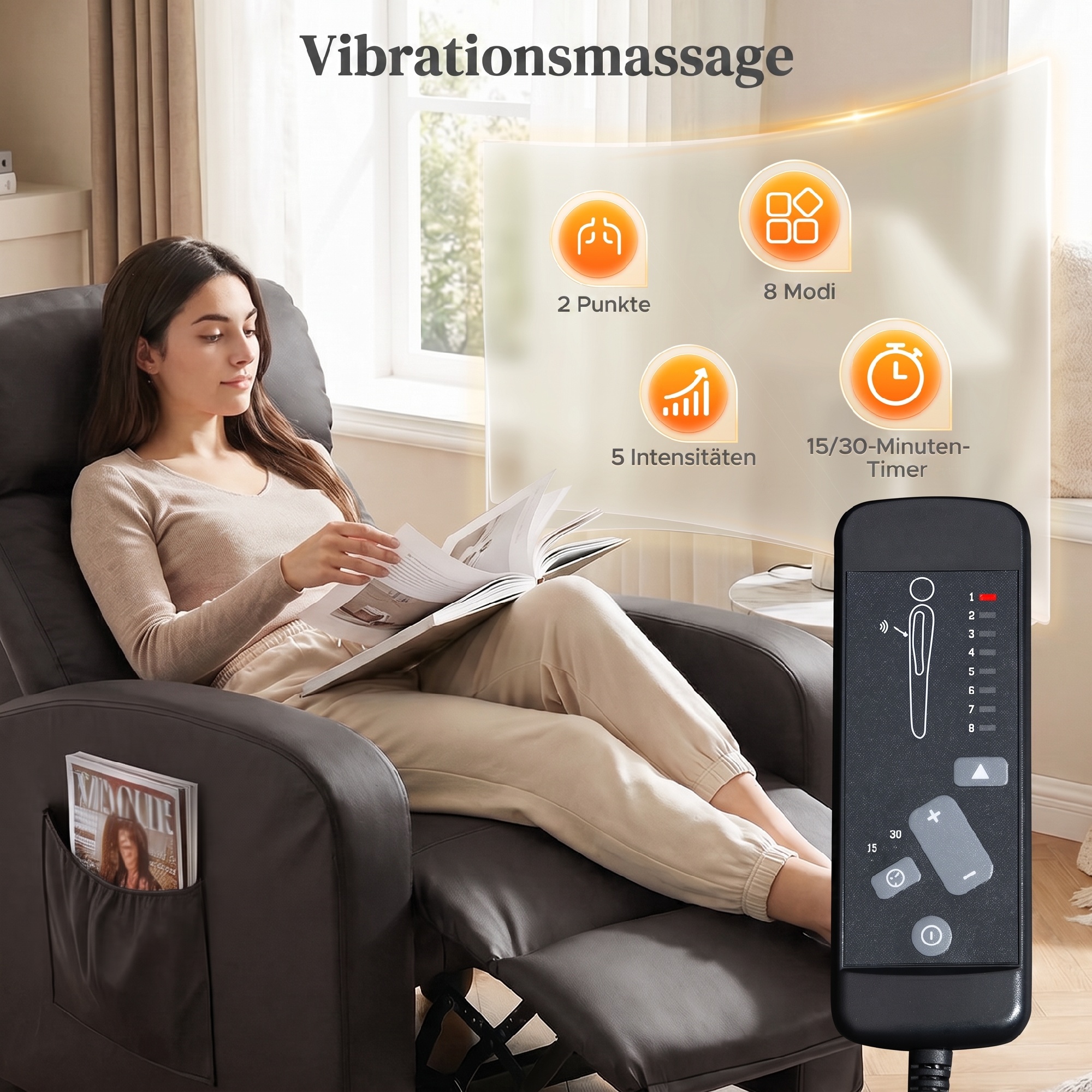 Relaxsessel Fernsehsessel mit Vibrationsmassage, Liegefunktion, 2 Massagepunkte, Fernbedienung, 68 x 88 x 98 cm Braun