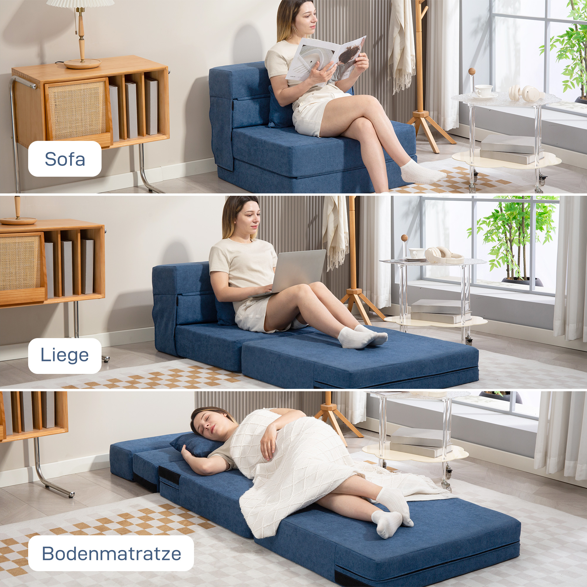 Bodensofa, Polstercouch, in Matratze umwandelbar, Schaumstoff, Kissen, Dunkelblau