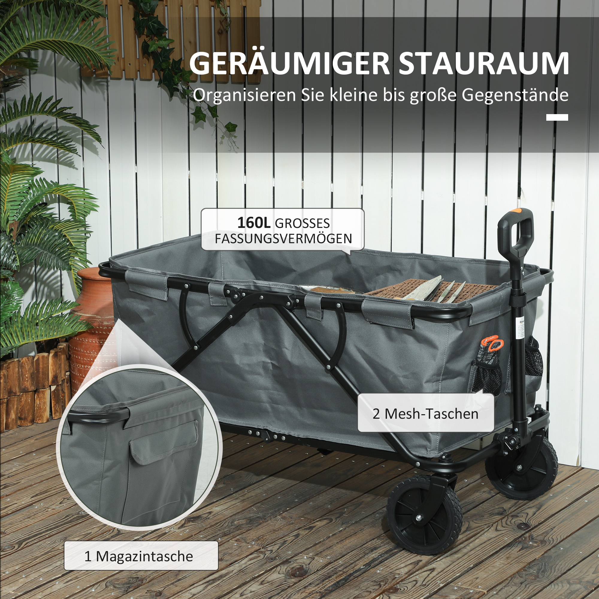 Gartenwagen 120 kg belastbar, klappbar Transportwagen mit herausnehmbare Plane 160 Liter Dunkelgrau