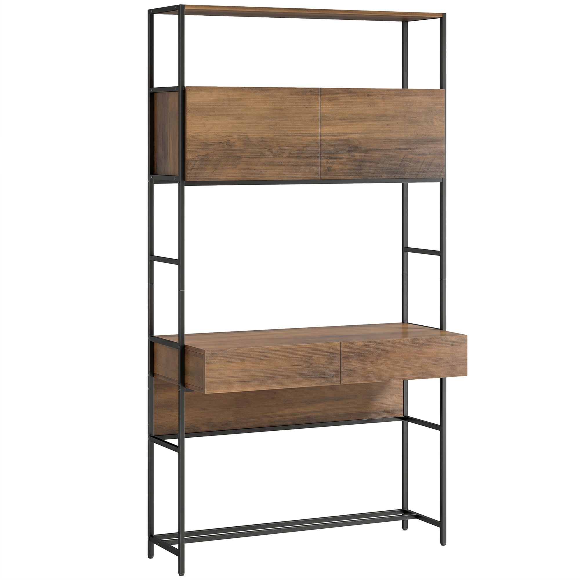 Computertisch mit Regalen und 2 Schubladen für das Home Office, 185 cm hoch, Braun Holzoptik