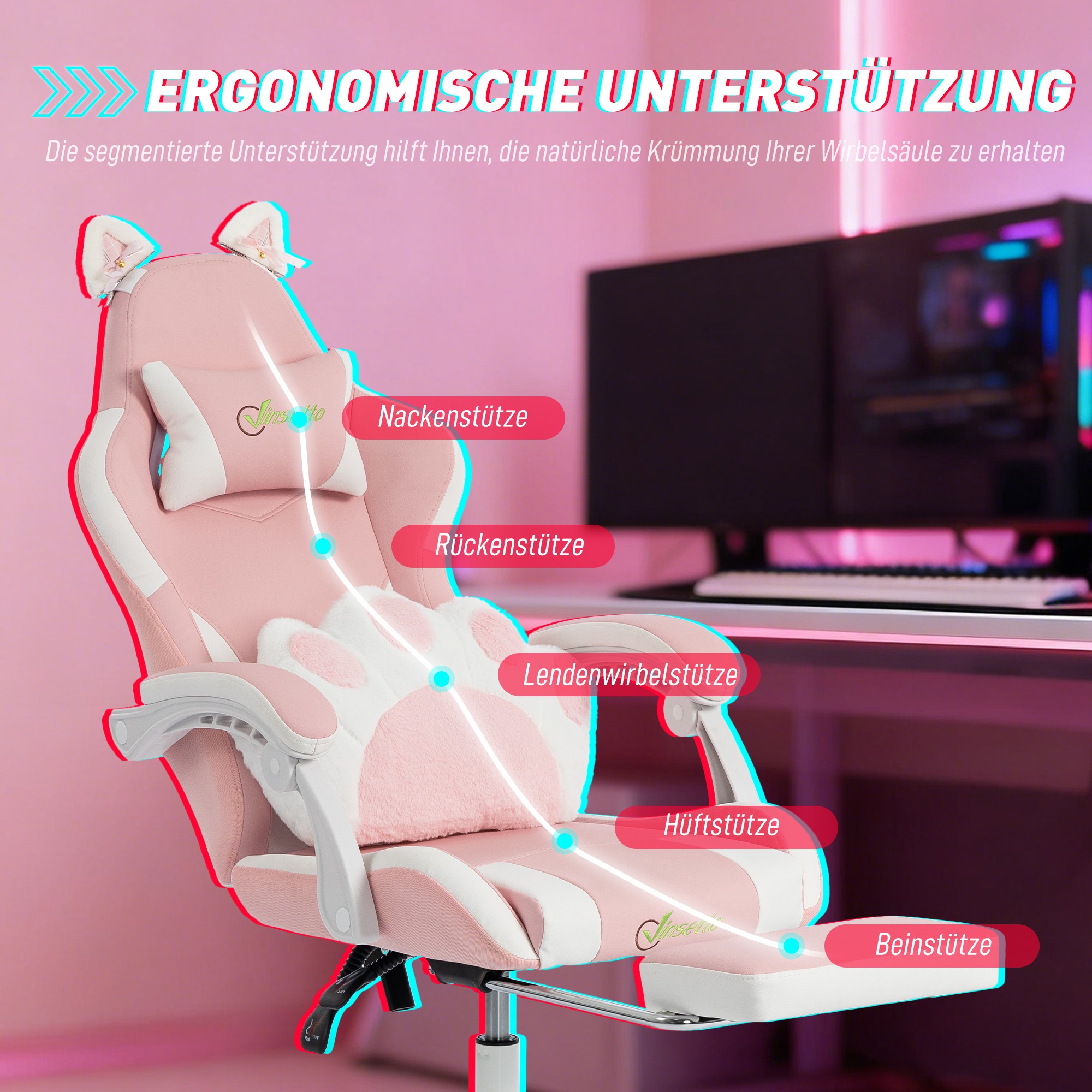 Ergonomischer Gaming-Stuhl, Katzenohren-Gamer-Stuhl aus Kunstleder mit Lendenstütze, Fußstütze, Kopfstütze, Rosa
