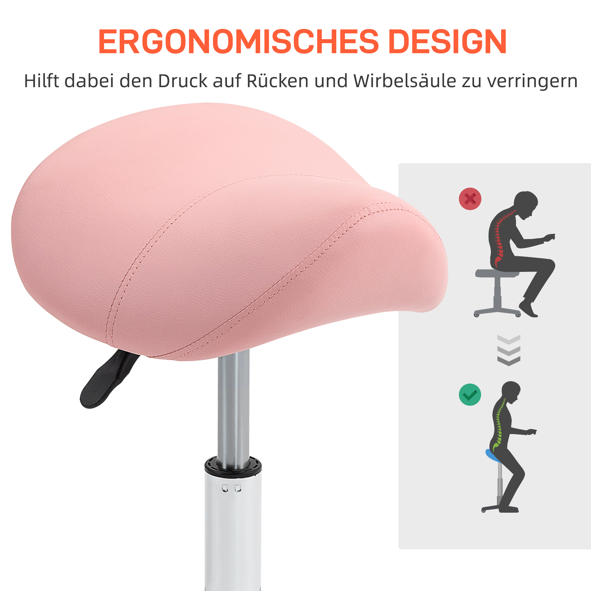 Rollhocker höhenverstellbar 49-61 cm Arbeitshocker 360° drehbar Hocker Bürohocker für Büro Salon Massage Spa Rosa