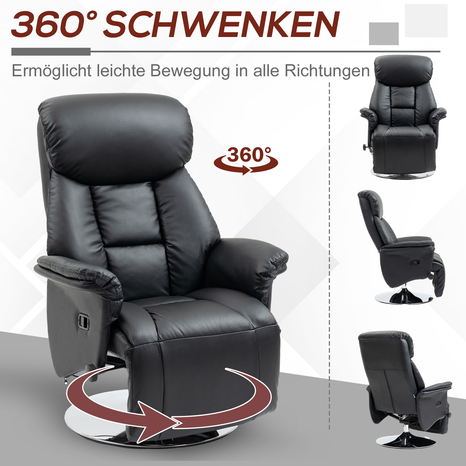 Relaxsessel, Liegefunktion, Lederoptik, Fußstütze, bis 150 kg, 78 x 80 x 109 cm, Schwarz