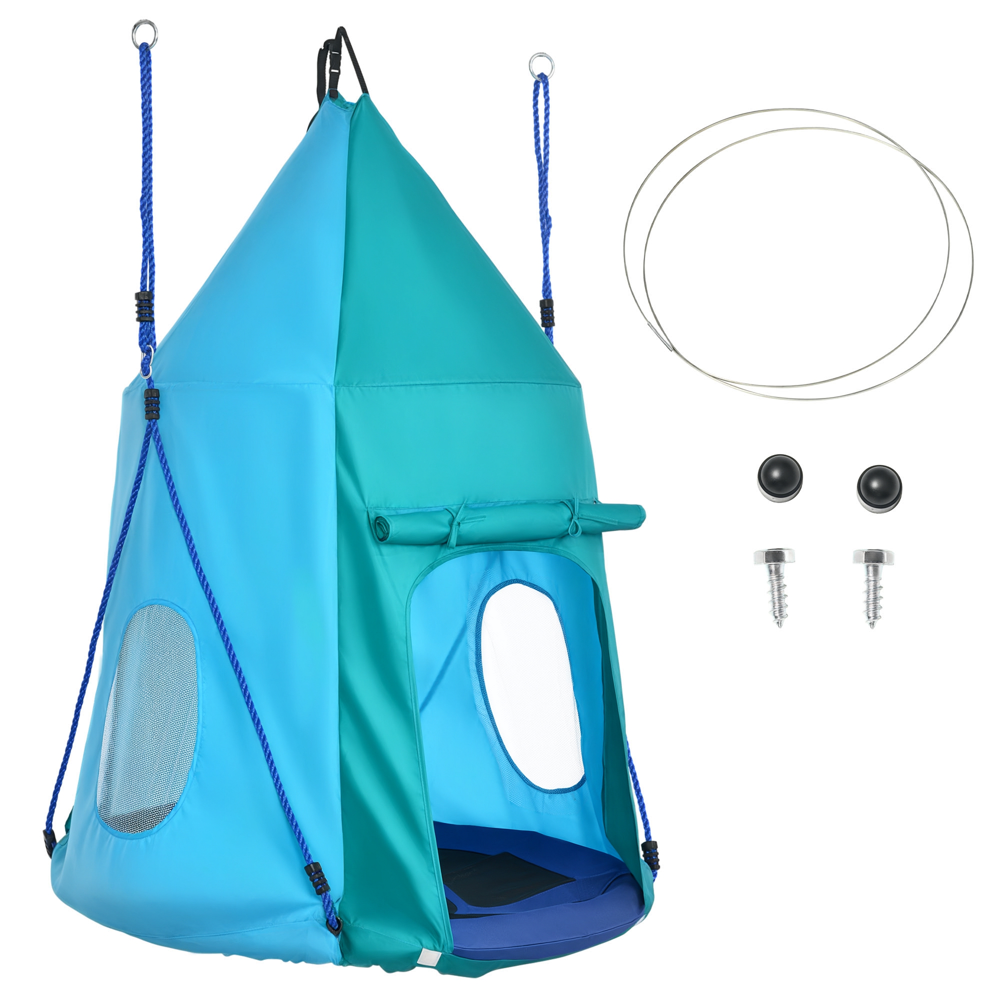 Nestschaukel mit Zelt, Ø100 cm, längenverstellbare Seile, wasserdicht, bis 150 kg belastbar, blaugrün