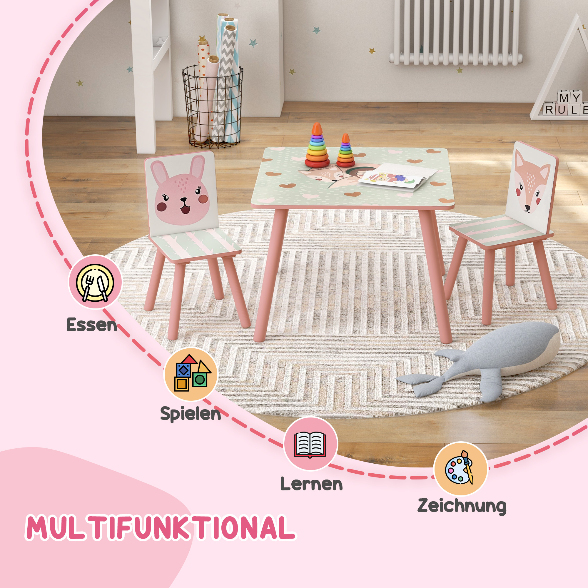 Kindersitzgruppe aus Kiefernholz, Tisch mit 2 Stühlen, Tiermotiv, Kinderzimmer, 3-8 Jahre, Rosa